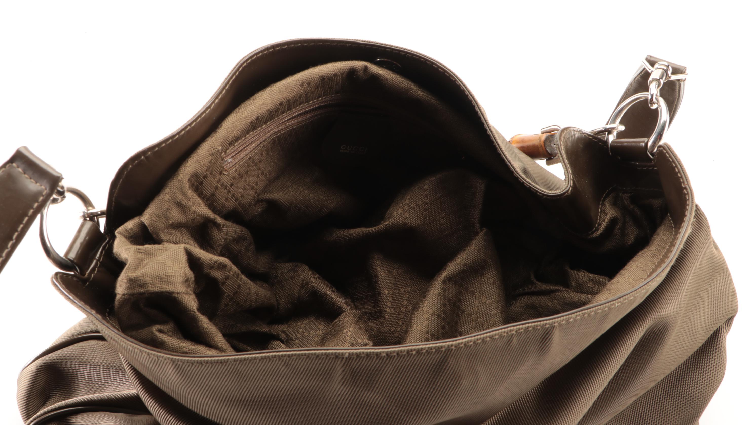 Gucci Bamboo Two-Way Shoulder Bag in Olive Nylon and Leather