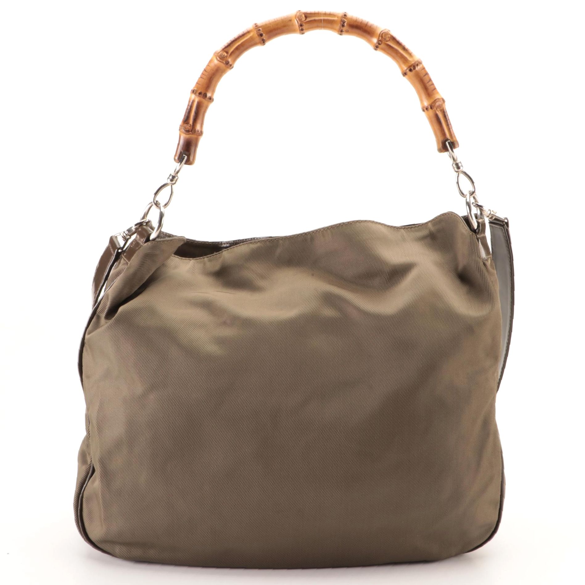 Gucci Bamboo Two-Way Shoulder Bag in Olive Nylon and Leather