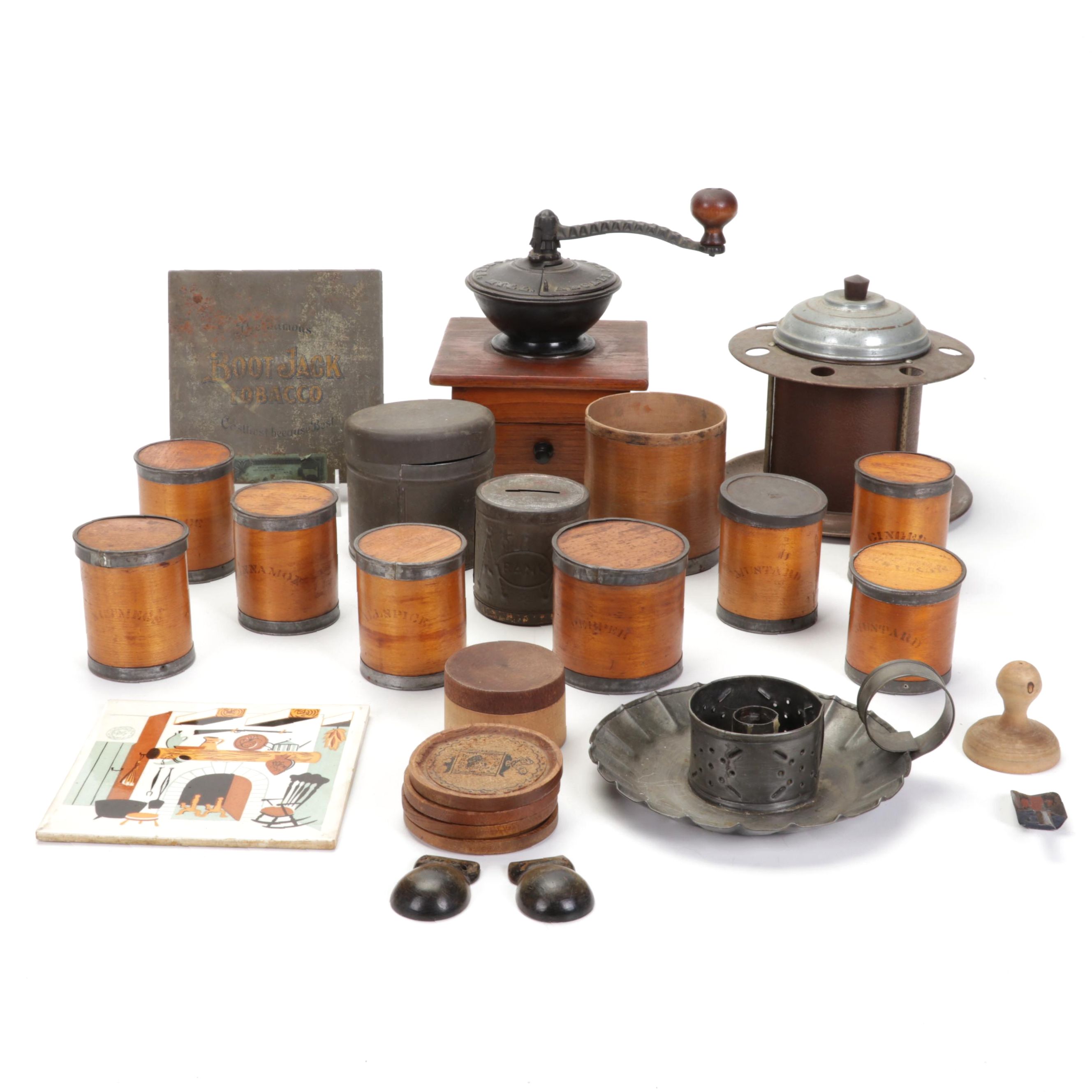 Arcade Mfg. Co. Hand Cranked Coffee Grinder, Wooden Spice Jars, and