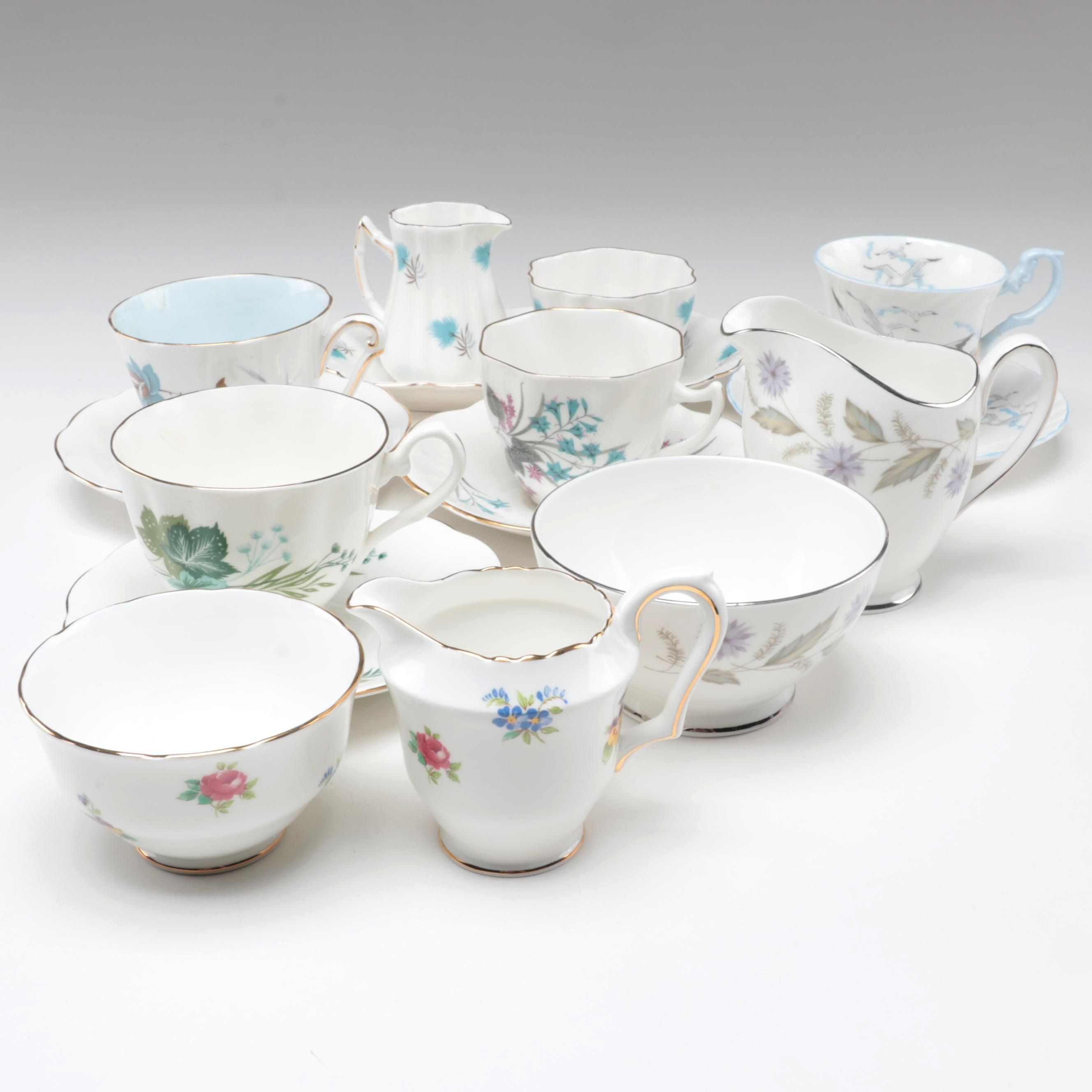 English Bone China Tea Cups, Saucers, Creamers and Sugar Bowls