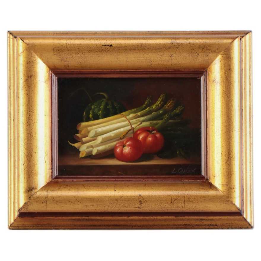 L. Candy Still Life Oil Painting of Vegetables, Late 20th Century