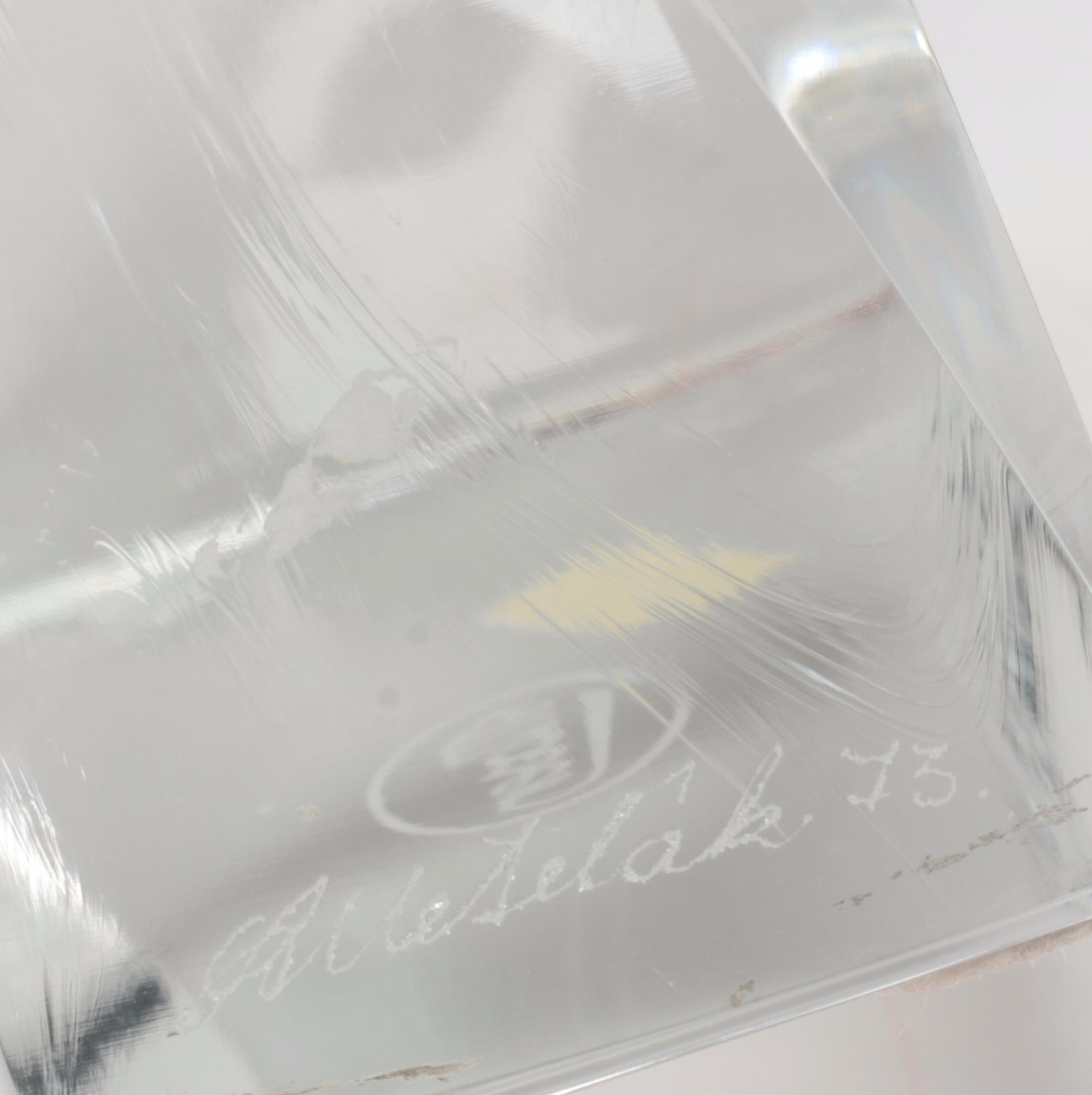 Signed Lubos Metelák for Moser Sandblasted and Engraved Modernist Glass Figurine