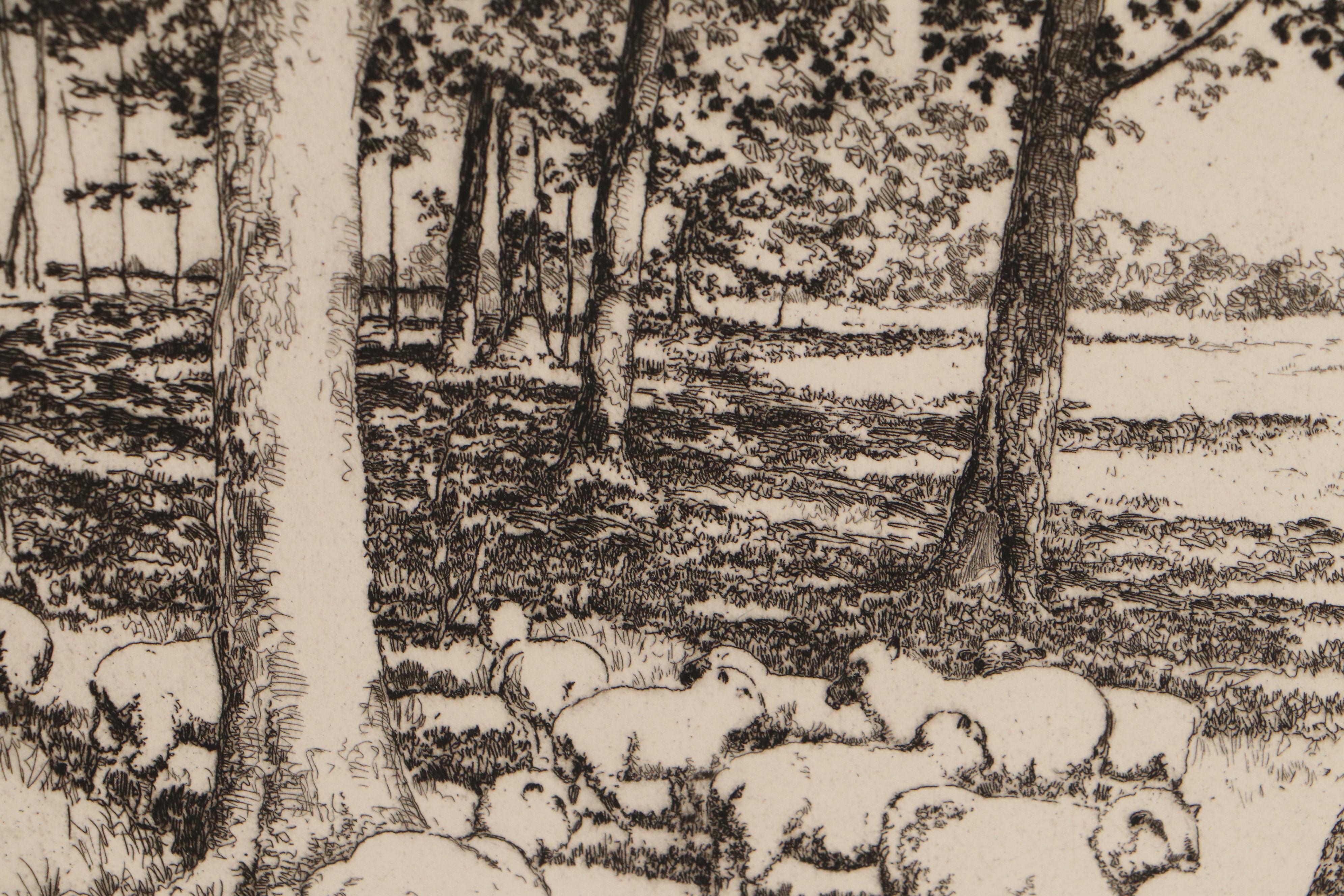 Lee Sturges Etching "The Sheep Pasture," Early 20th Century