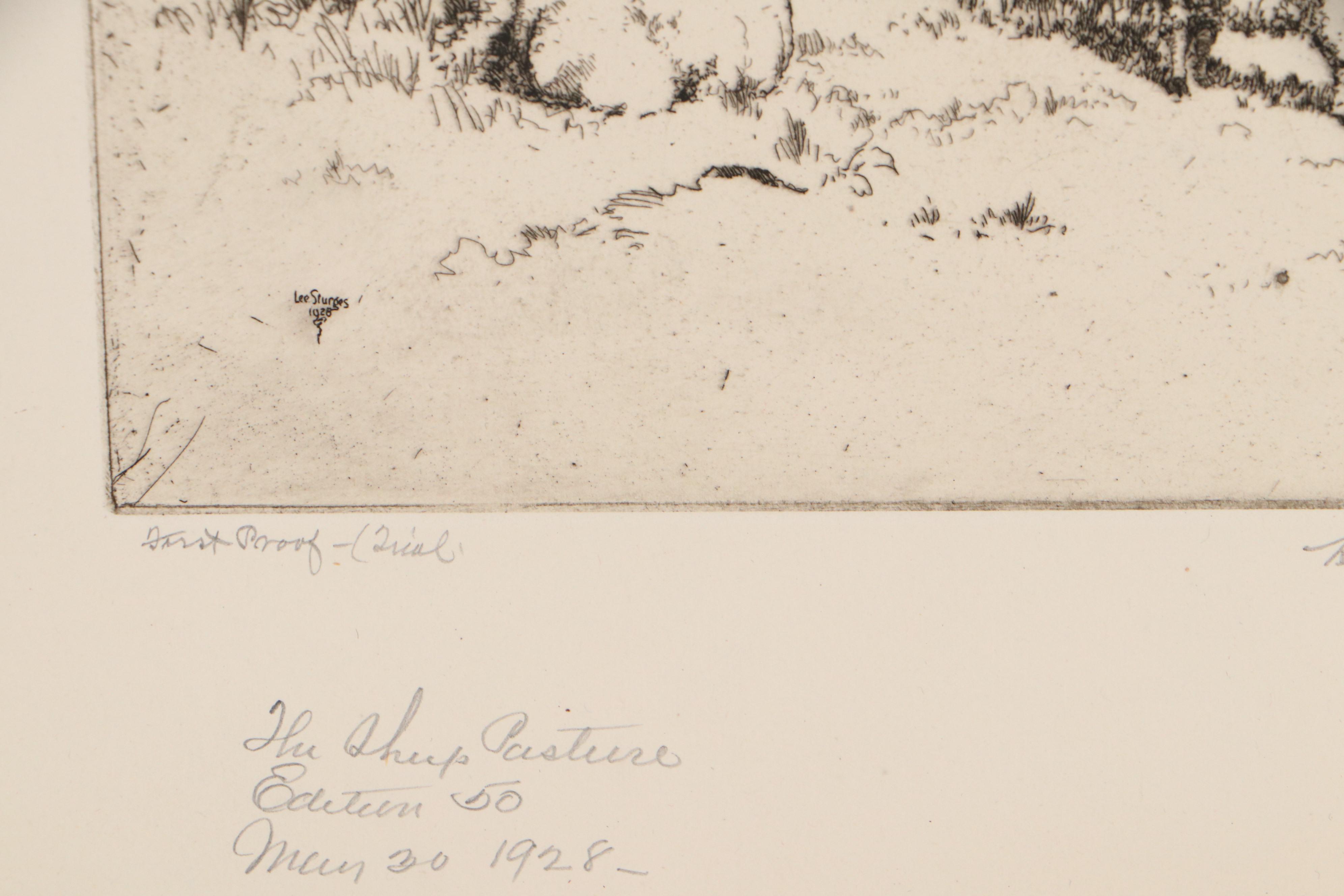 Lee Sturges Etching "The Sheep Pasture," Early 20th Century