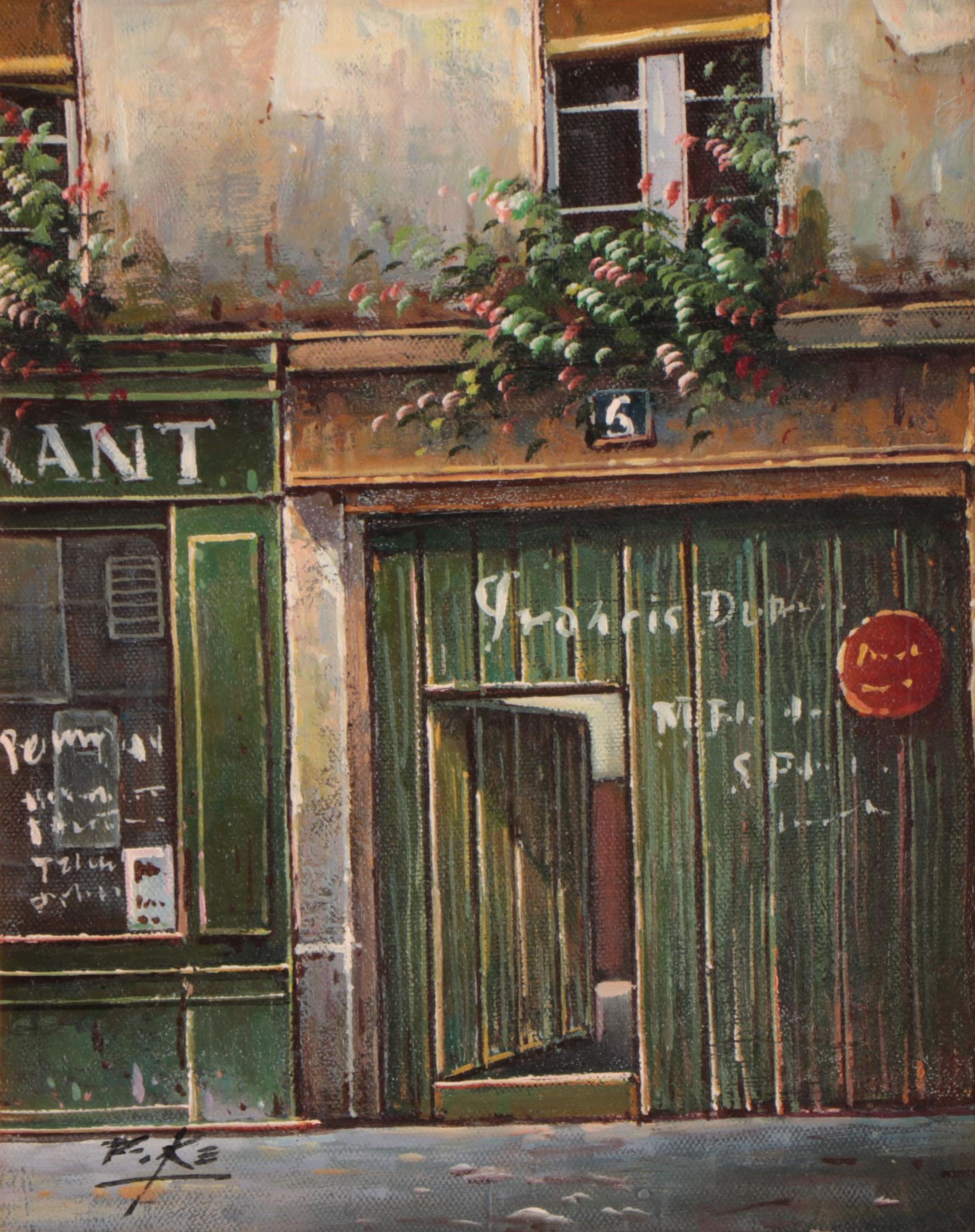 Thomas Pike Oil Painting of Village Storefronts, Late 20th Century