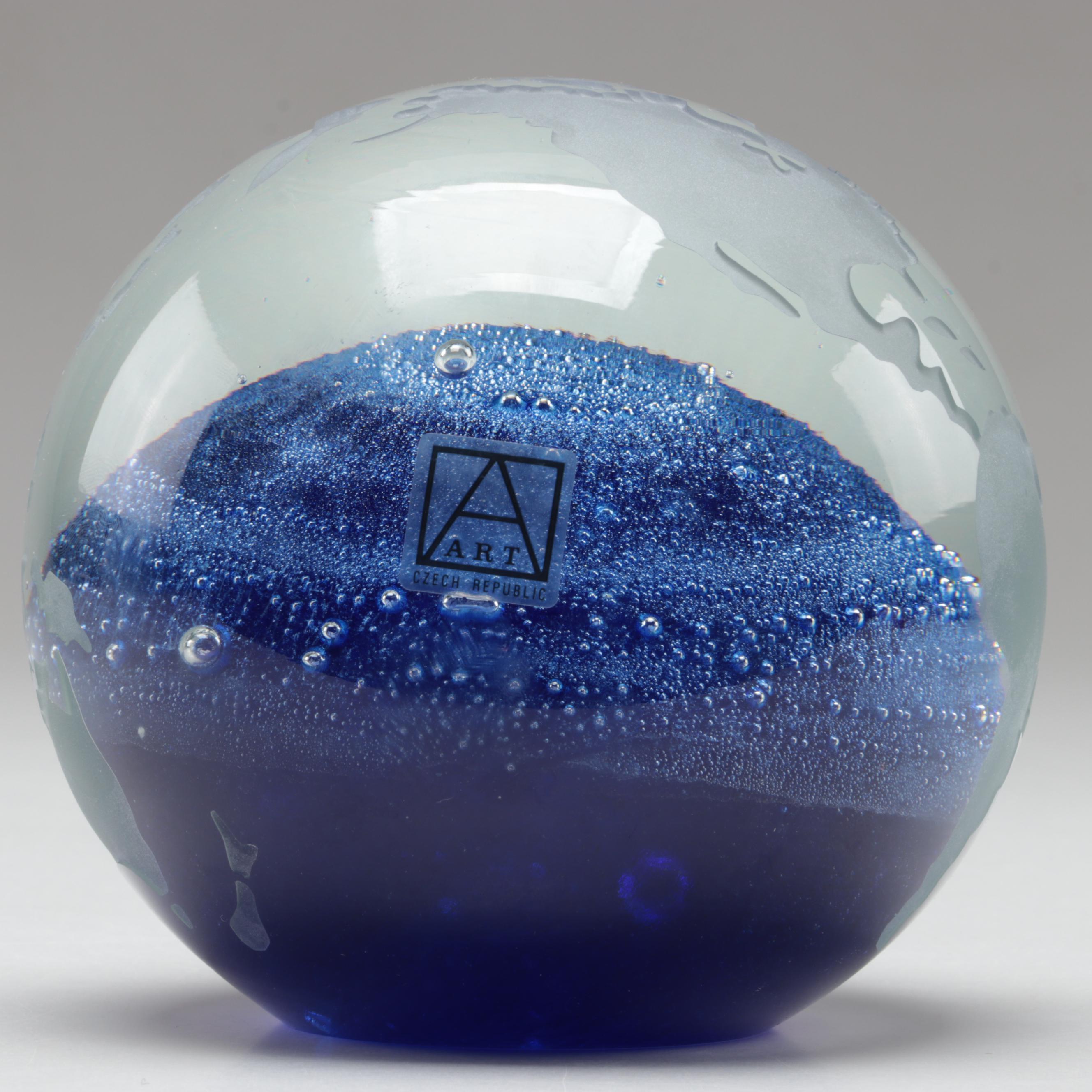 Bohemian Blue Trapped Bubble and Sandblasted Czech Art Glass Globe Paperweight
