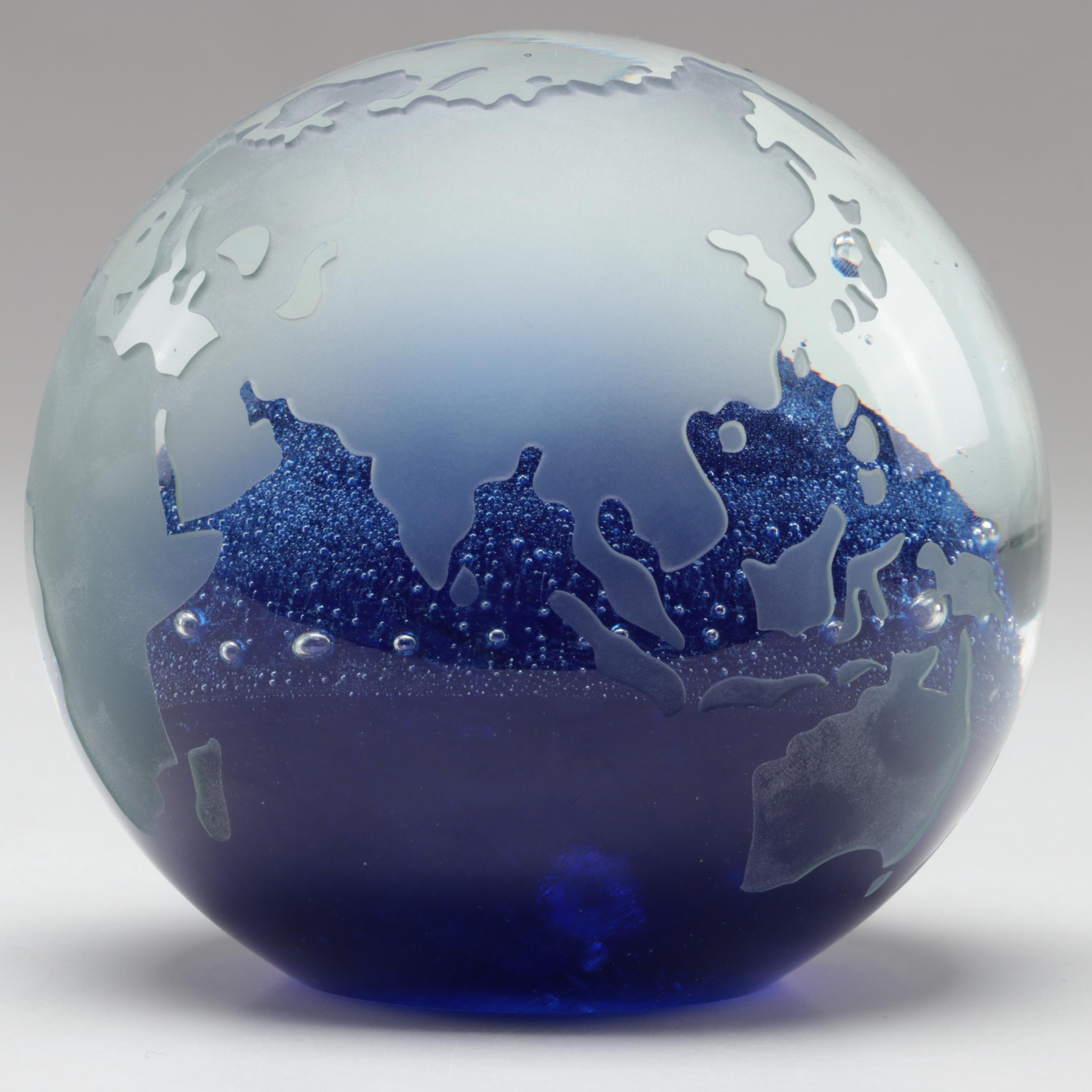 Bohemian Blue Trapped Bubble and Sandblasted Czech Art Glass Globe Paperweight