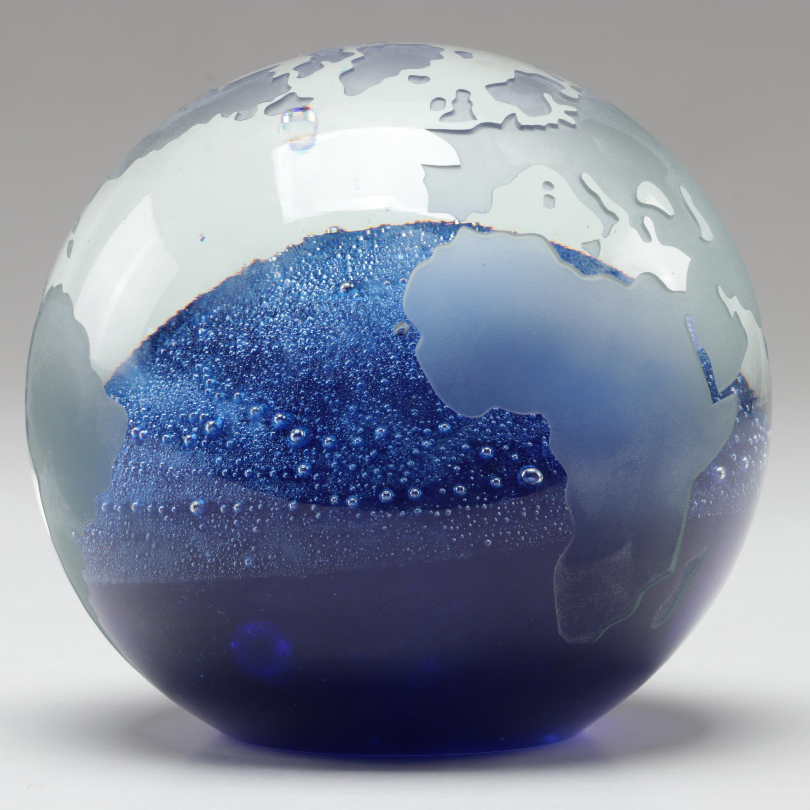 Bohemian Blue Trapped Bubble and Sandblasted Czech Art Glass Globe Paperweight