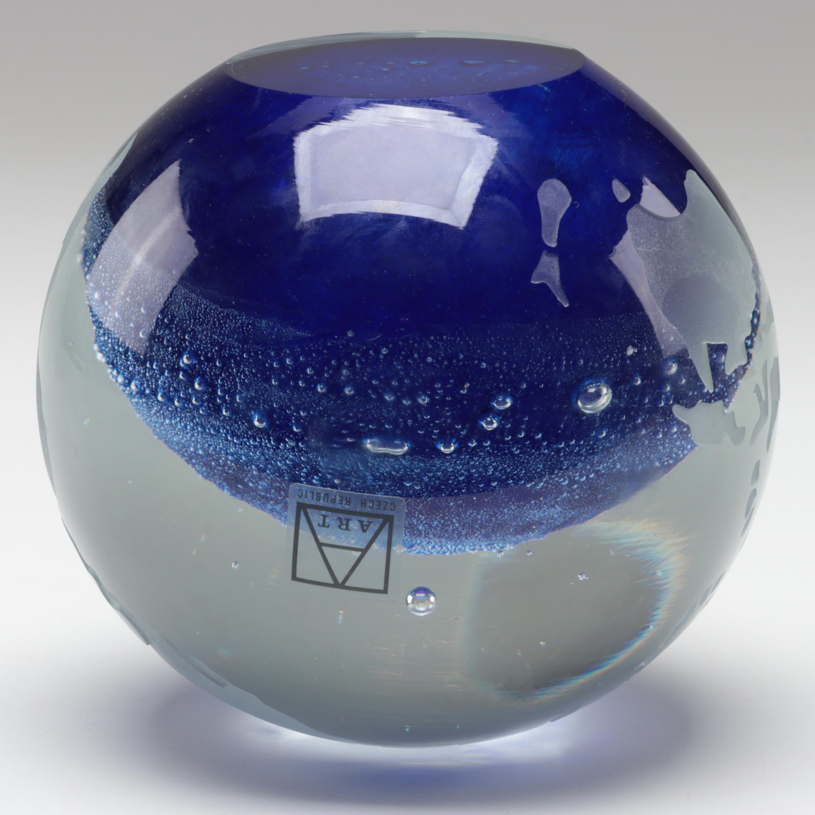 Bohemian Blue Trapped Bubble and Sandblasted Czech Art Glass Globe Paperweight