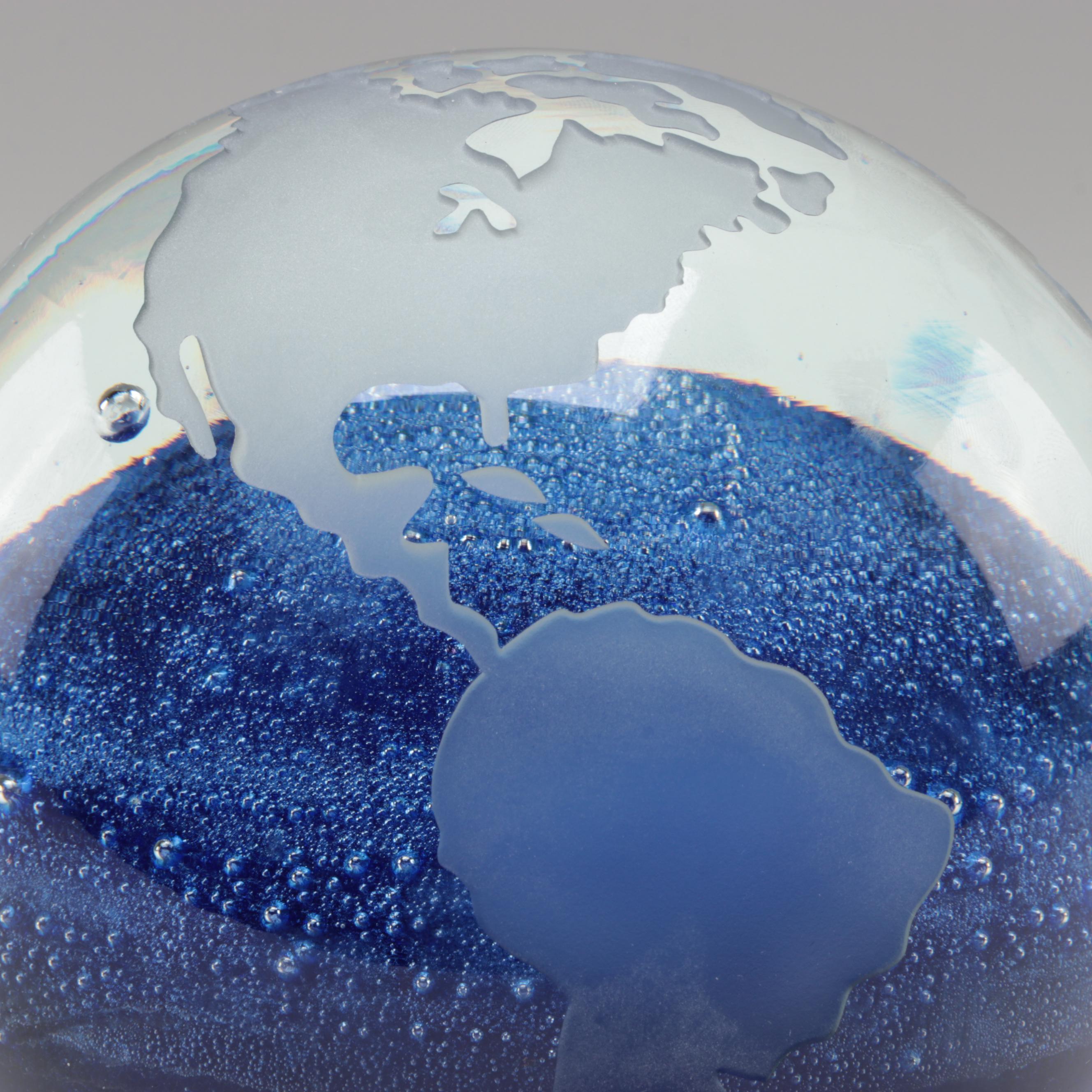 Bohemian Blue Trapped Bubble and Sandblasted Czech Art Glass Globe Paperweight