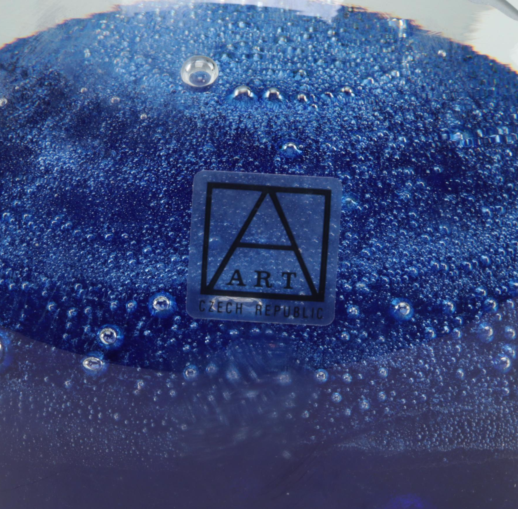 Bohemian Blue Trapped Bubble and Sandblasted Czech Art Glass Globe Paperweight