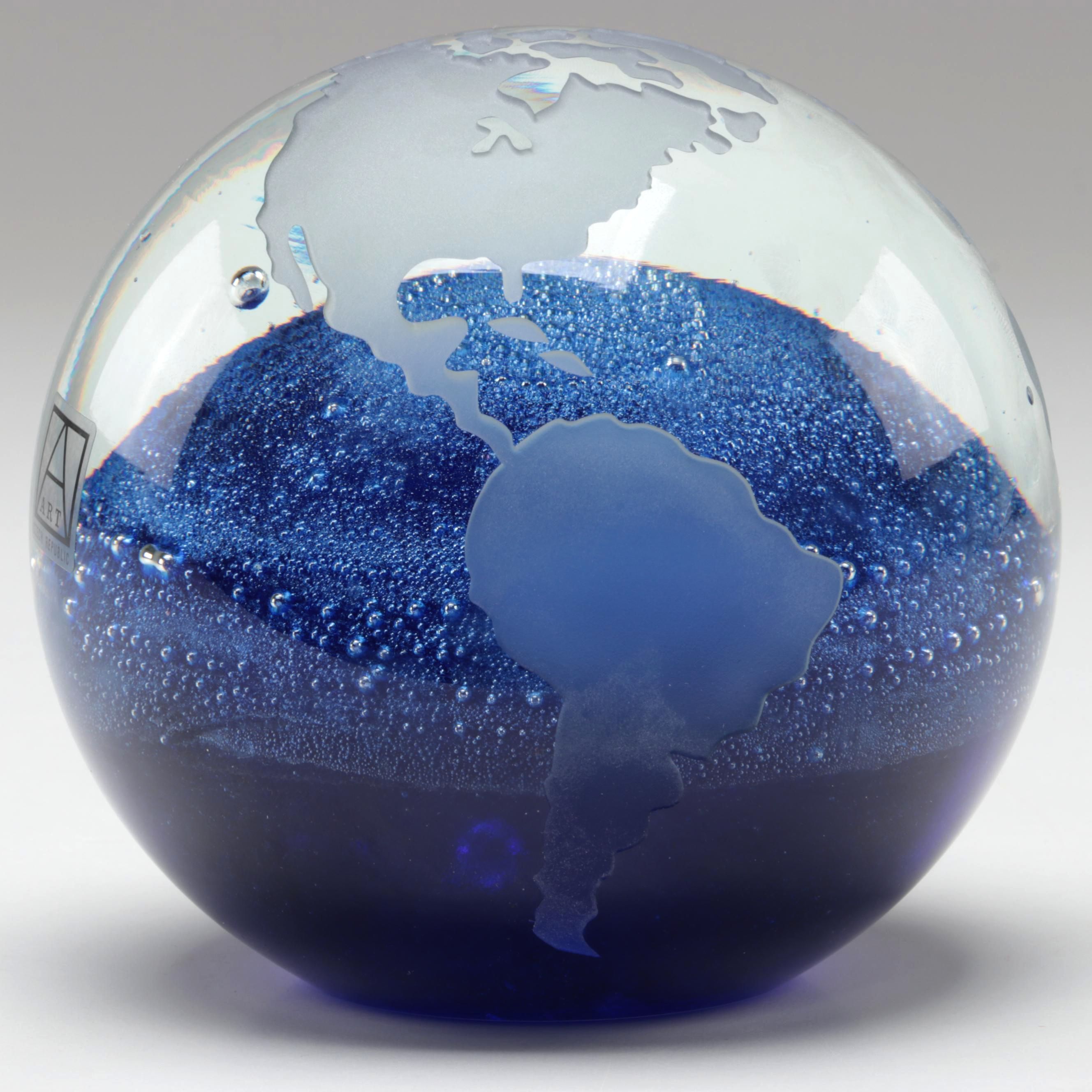 Bohemian Blue Trapped Bubble and Sandblasted Czech Art Glass Globe Paperweight