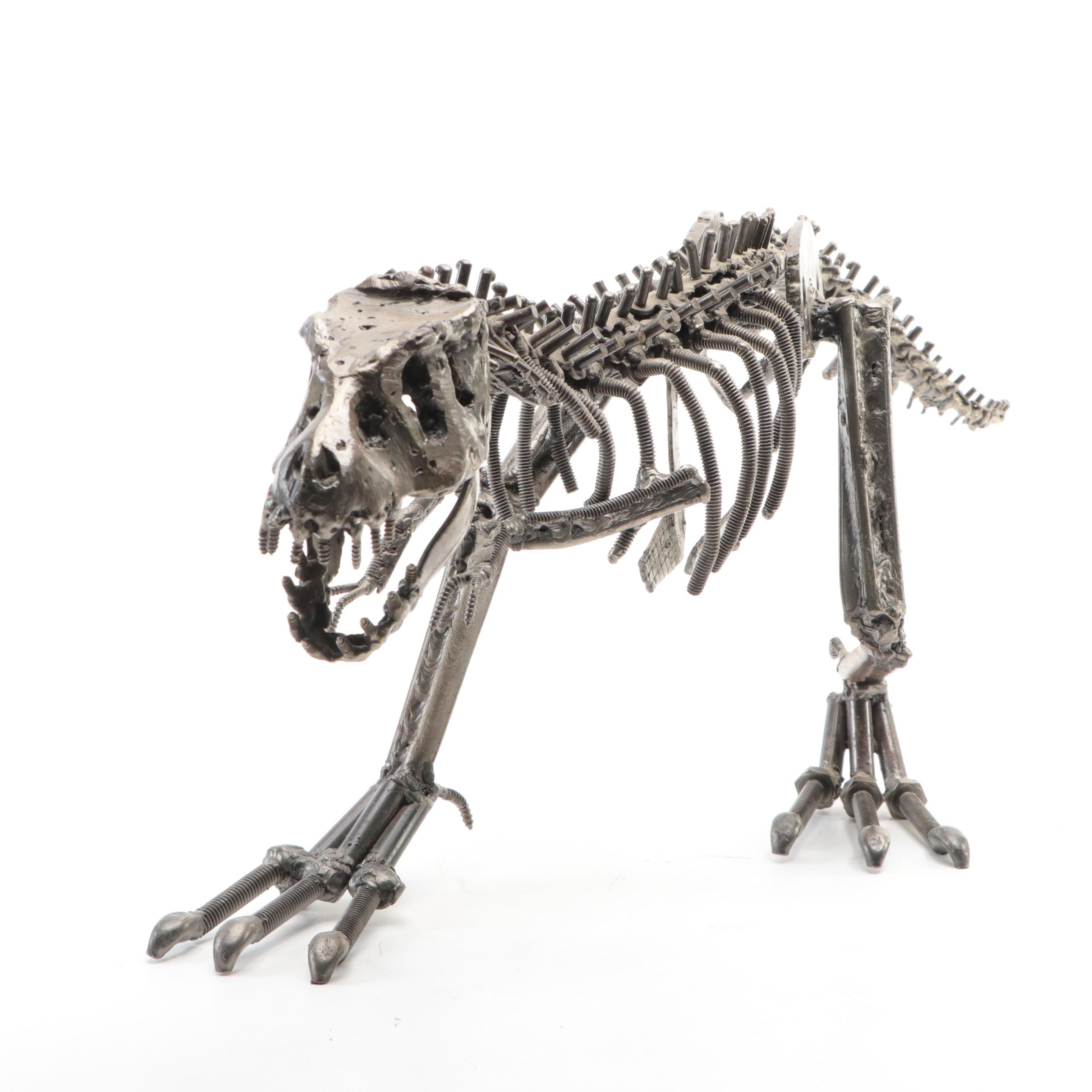 Metal Park Scrap Metal Sculpture of Predatory Dinosaur Skeleton