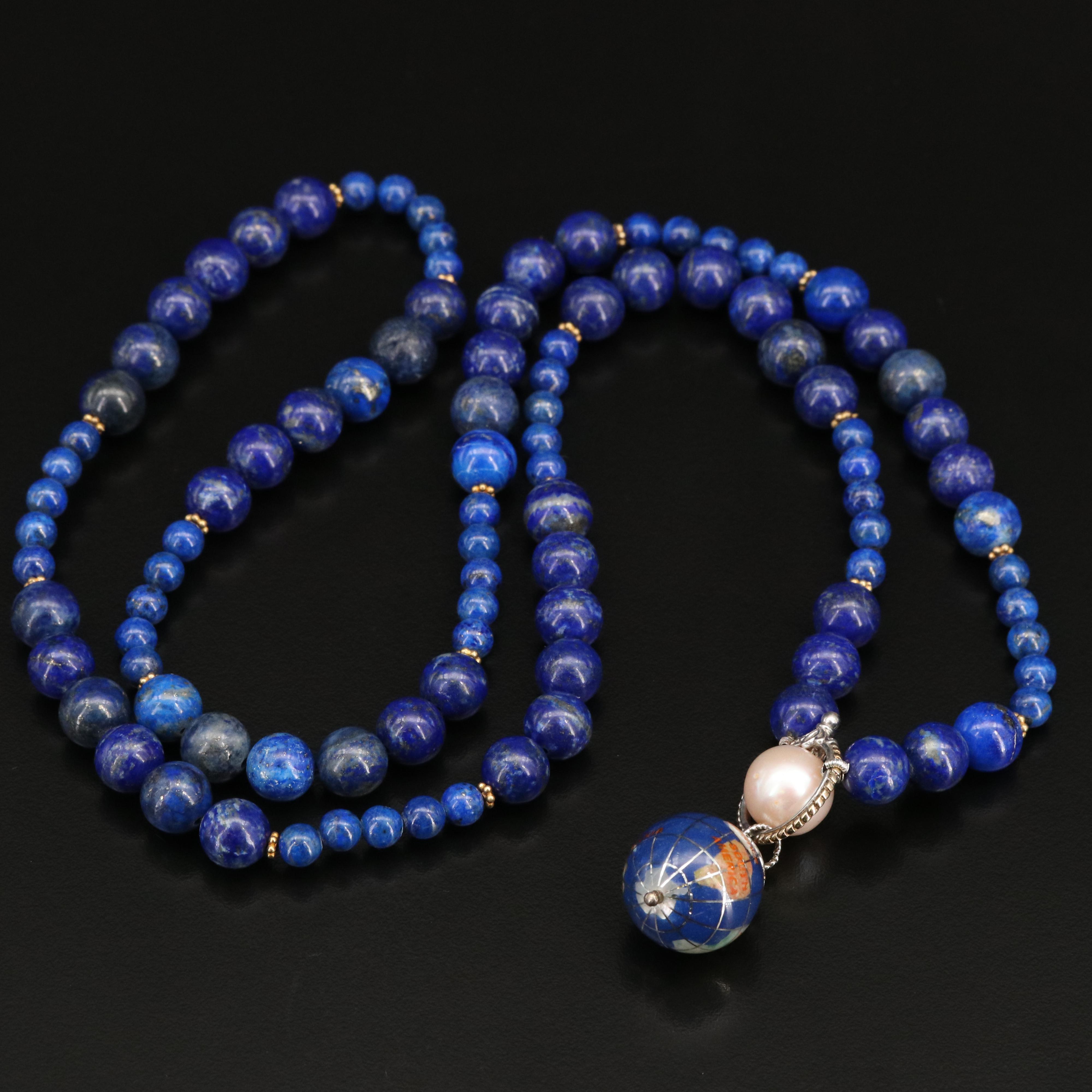 Sterling Lapis Lazuli Bead Necklace with Inlaid Globe Pendant and Sterling