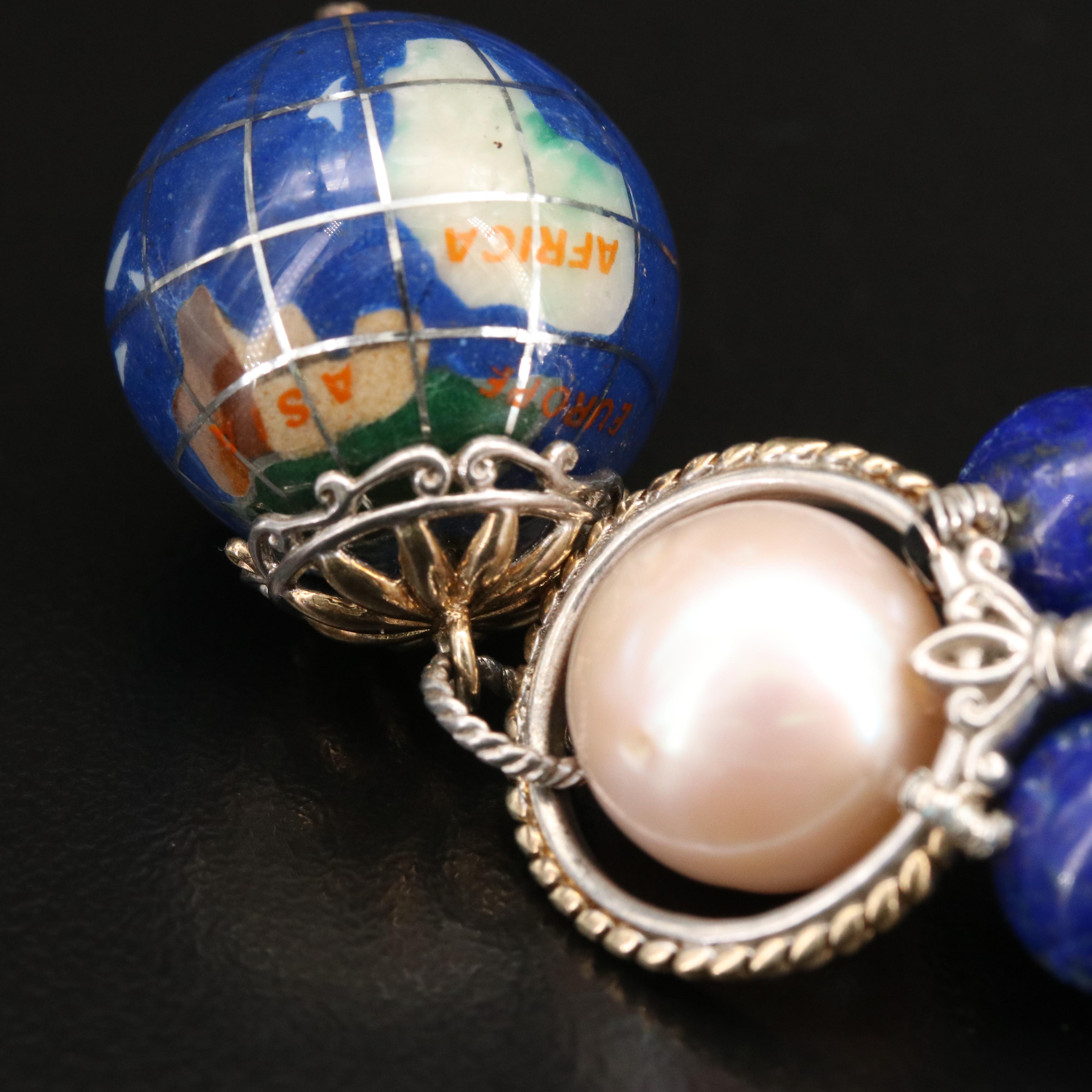 Sterling Lapis Lazuli Bead Necklace with Inlaid Globe Pendant and Sterling