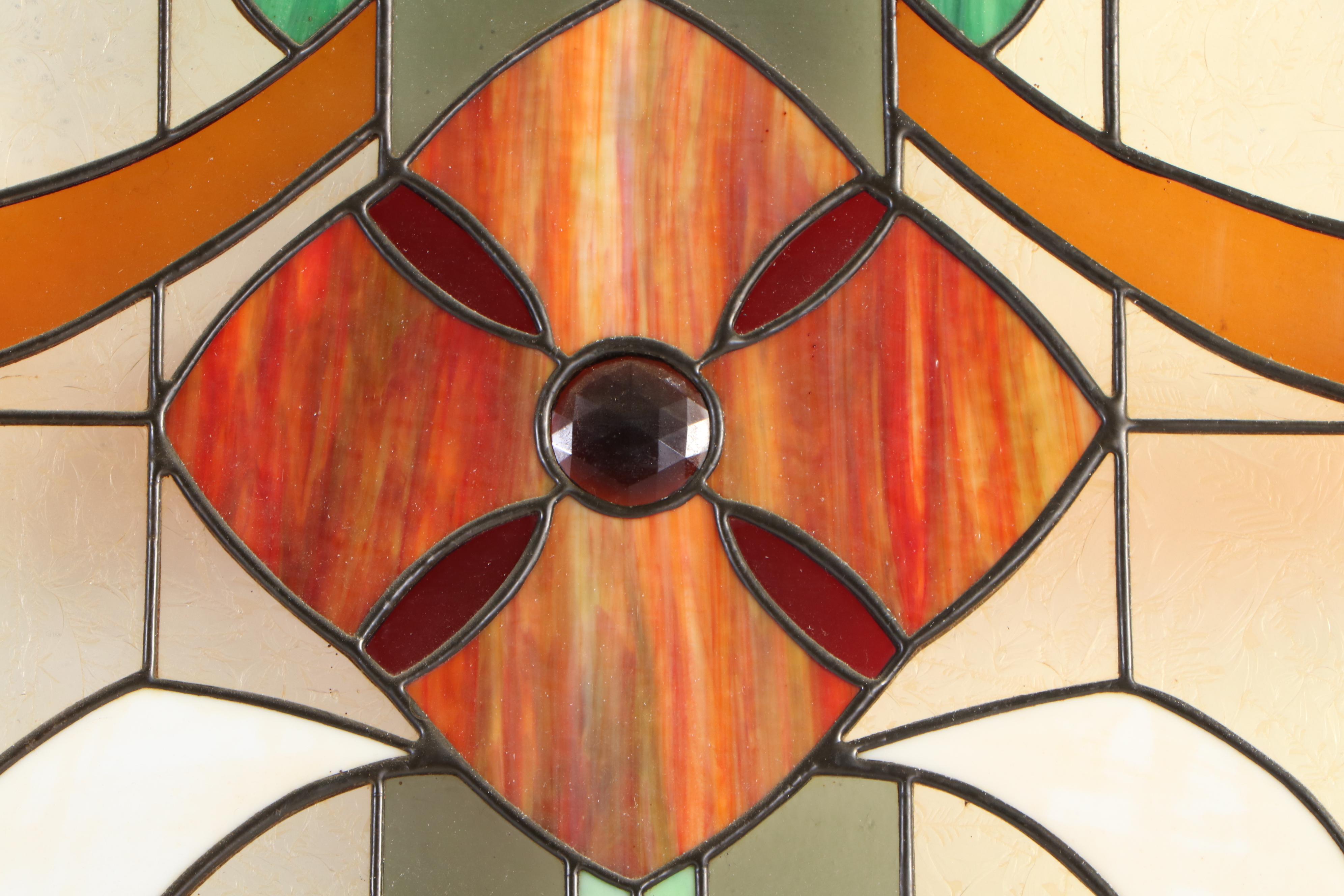 Pair of Fir Pocket Doors with Arched Leaded Stained and Slag Glass Windows