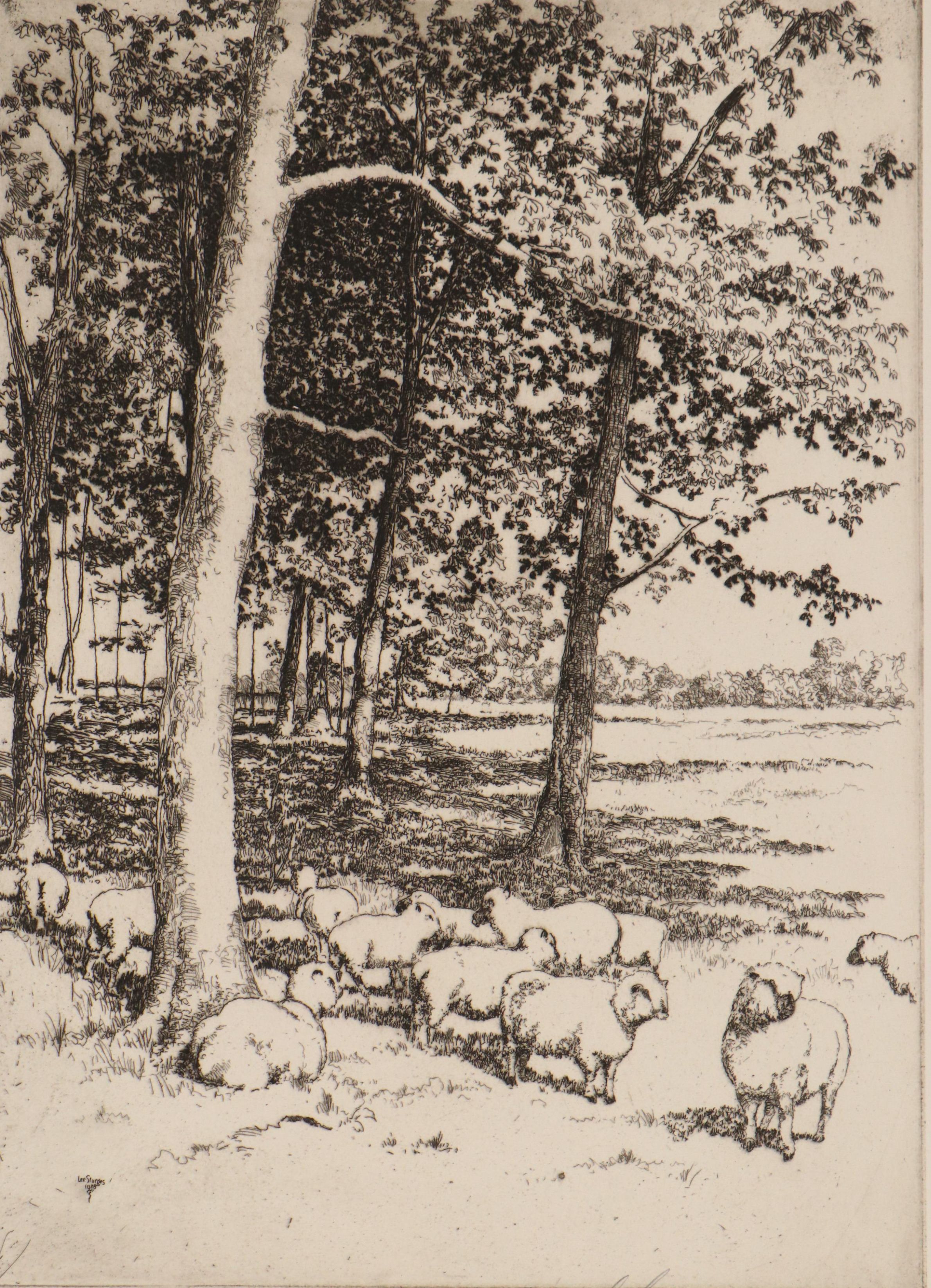 Lee Sturges Etching "The Sheep Pasture," Early 20th Century