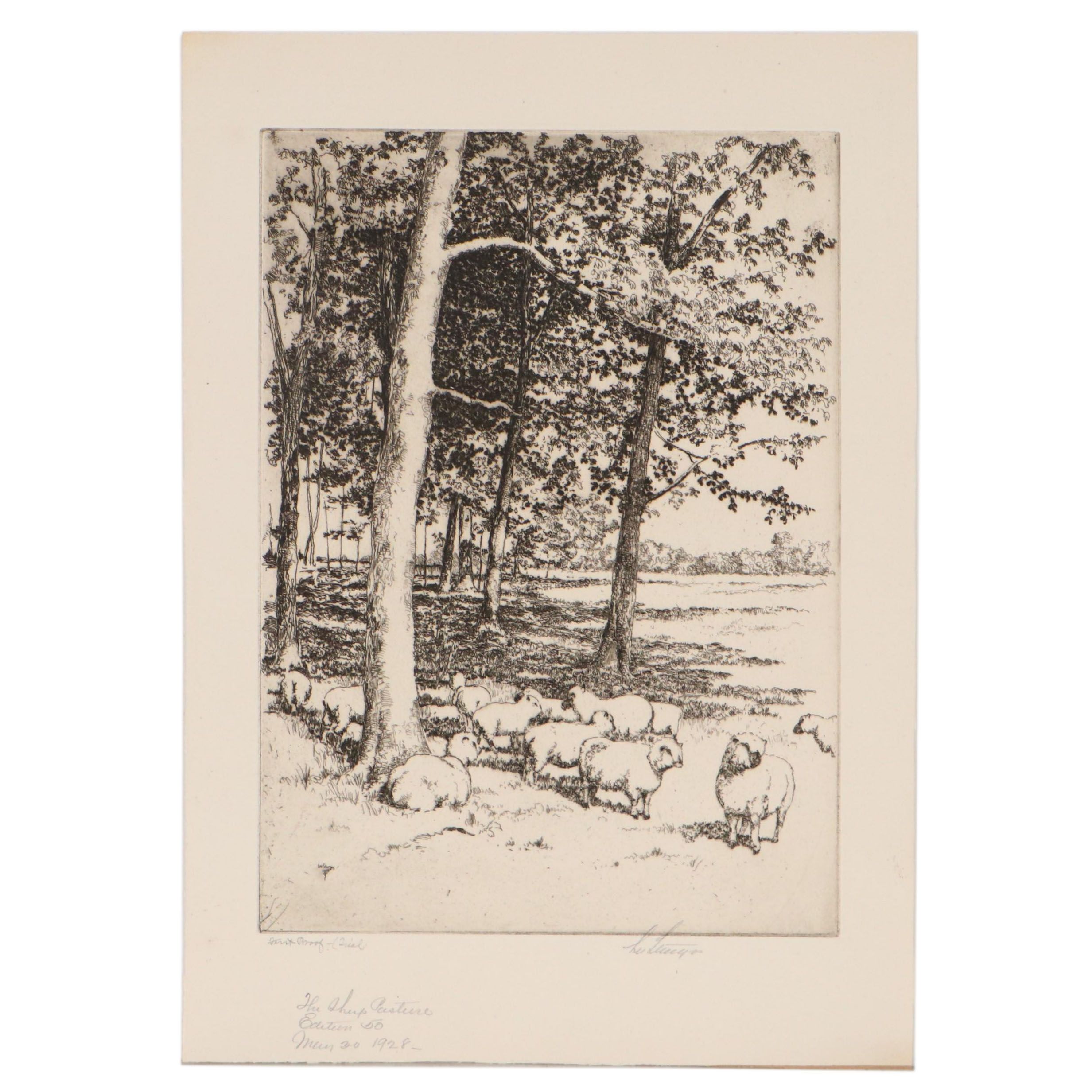 Lee Sturges Etching "The Sheep Pasture," Early 20th Century