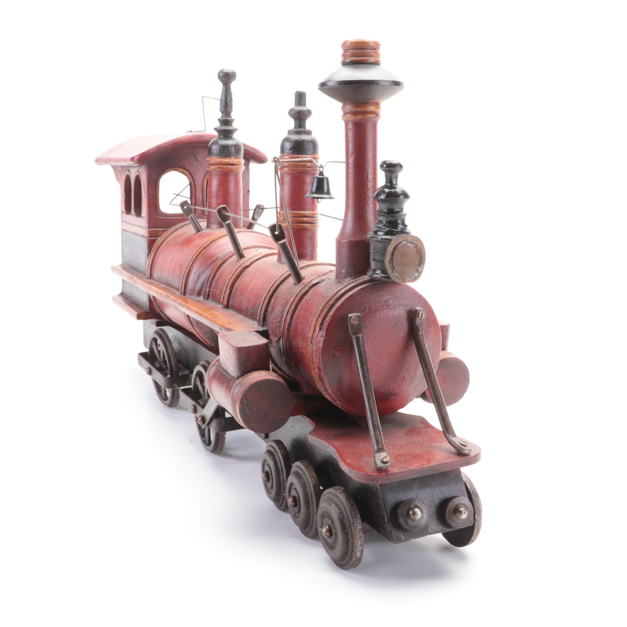 Handcrafted Wooden Toy Steam Locomotive with Conductor Figure, 1940s