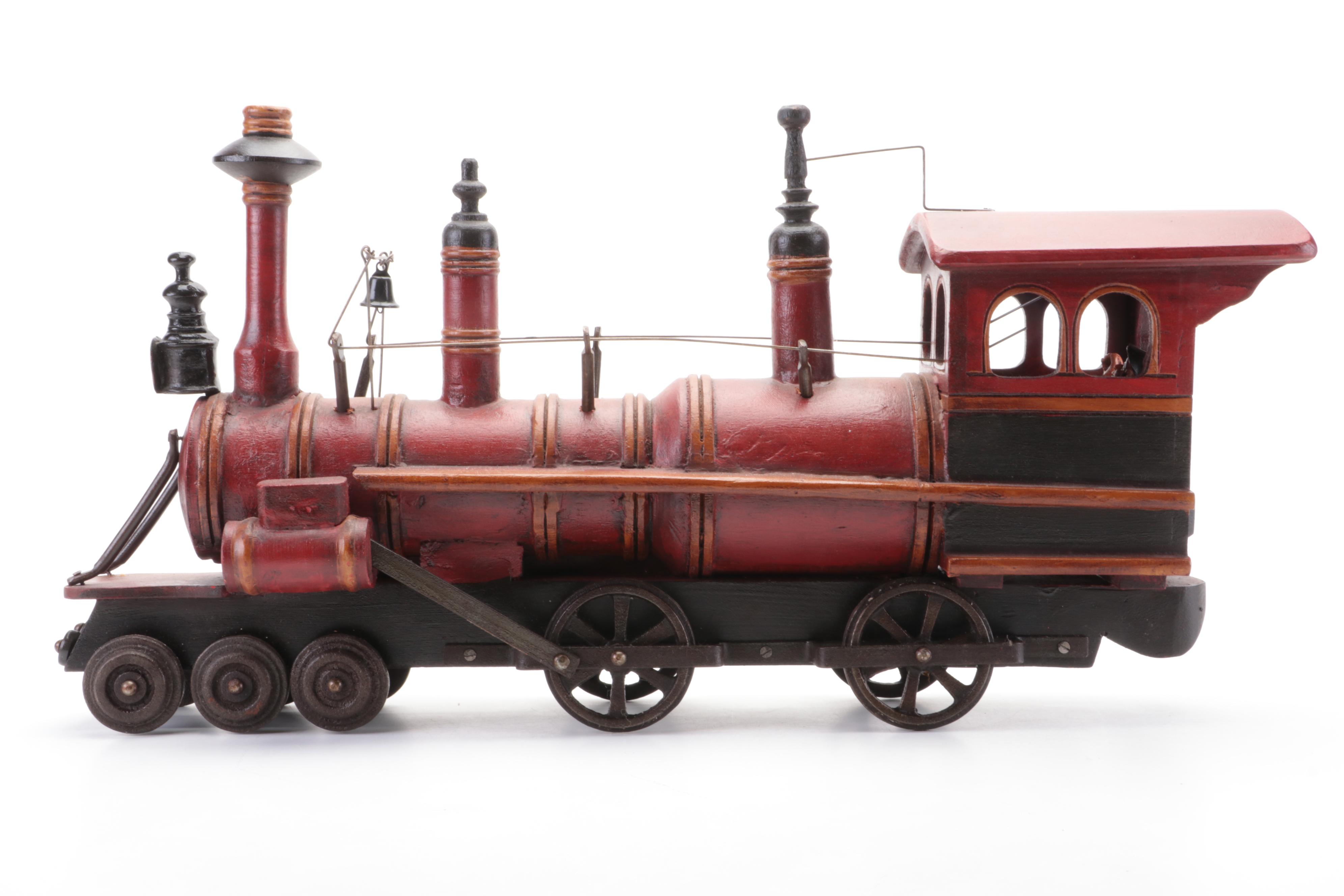Handcrafted Wooden Toy Steam Locomotive with Conductor Figure, 1940s
