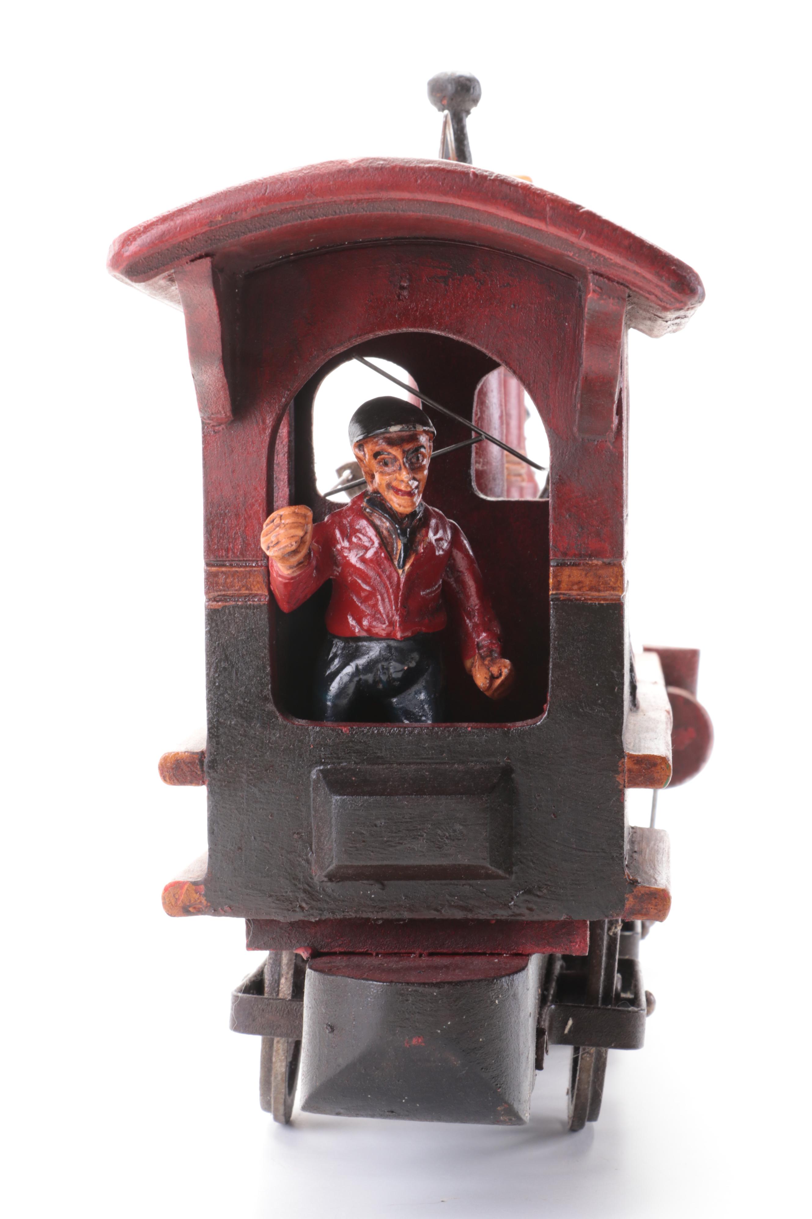 Handcrafted Wooden Toy Steam Locomotive with Conductor Figure, 1940s