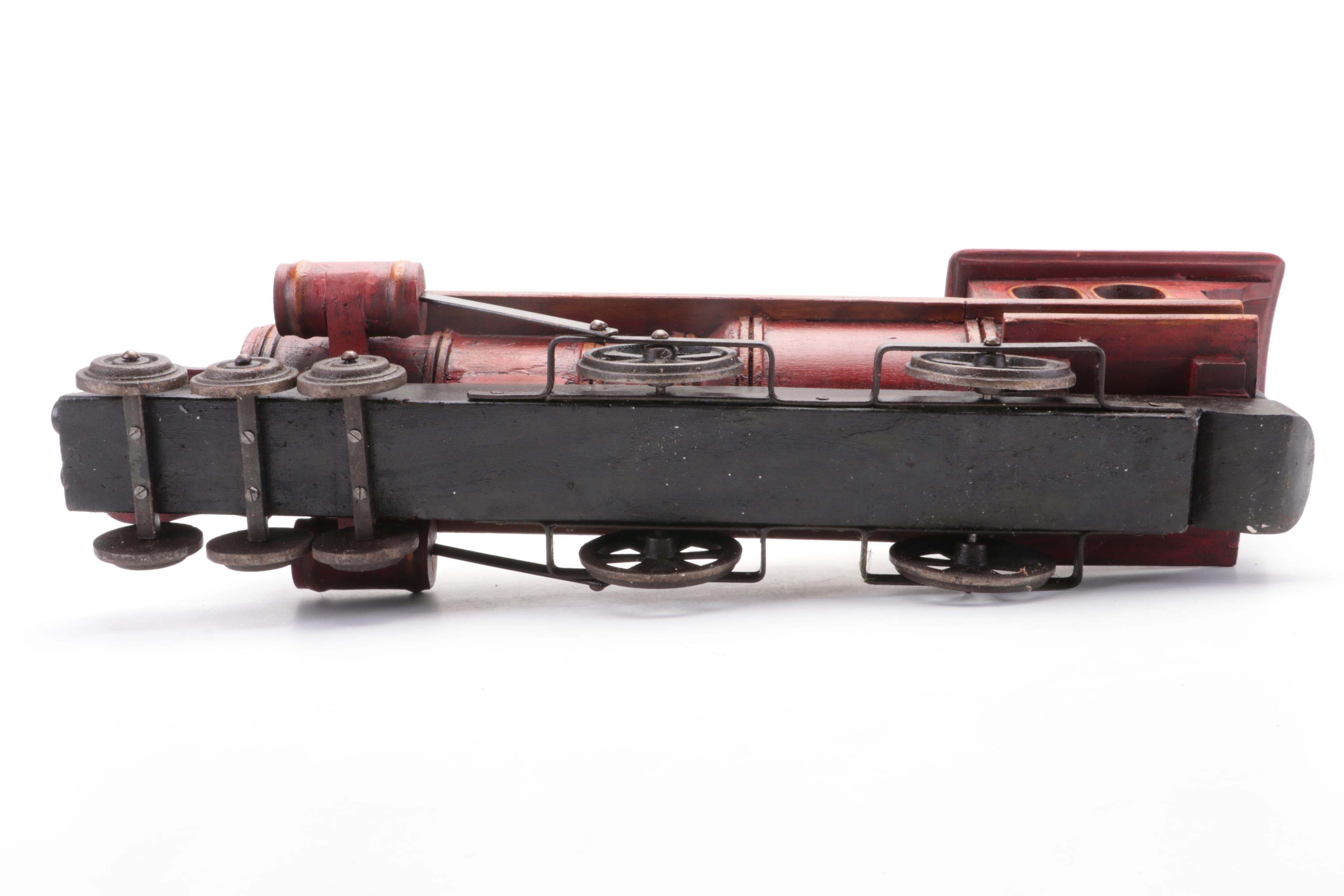 Handcrafted Wooden Toy Steam Locomotive with Conductor Figure, 1940s