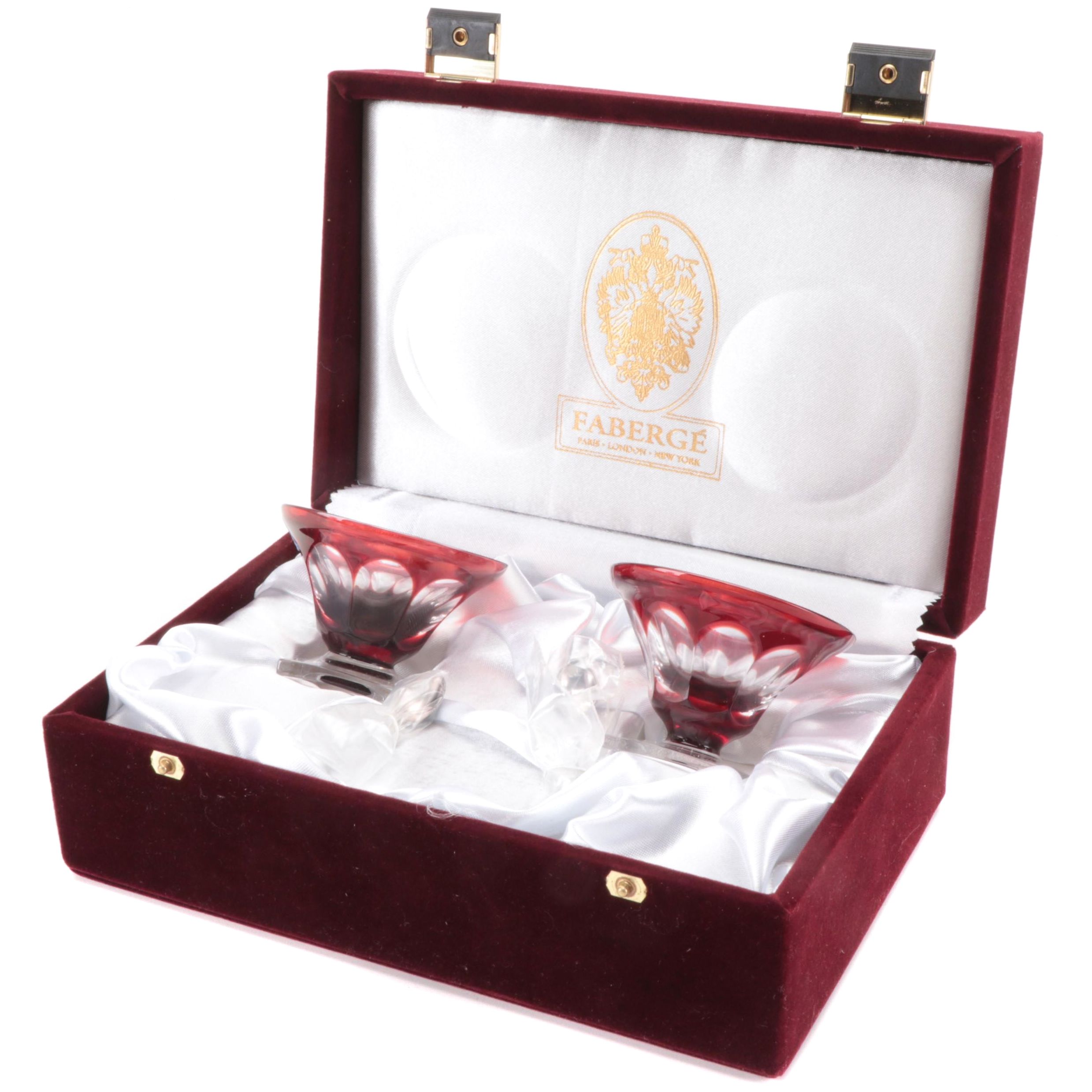 Faberge Crystal Cut to Clear Salt Cellars with Silver Spoons in Presentation Box