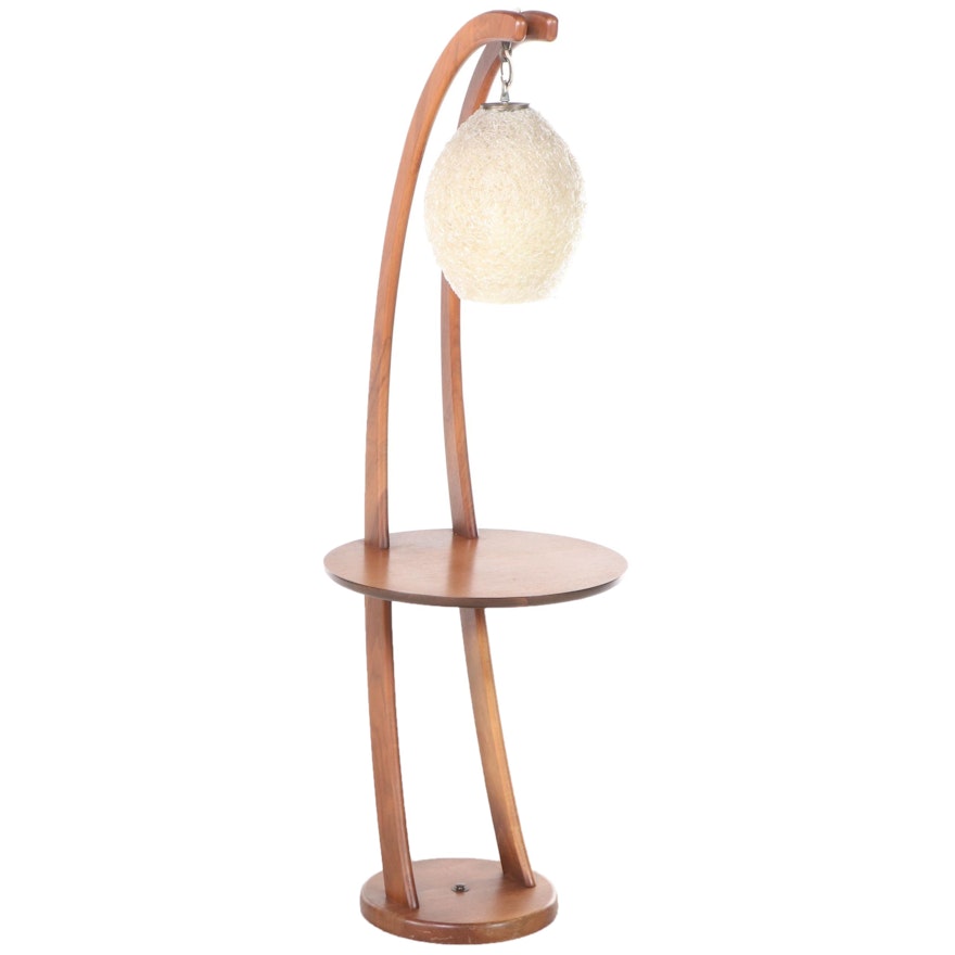 Mid Century Modern Walnut Floor Lamp with Integrated Side Table