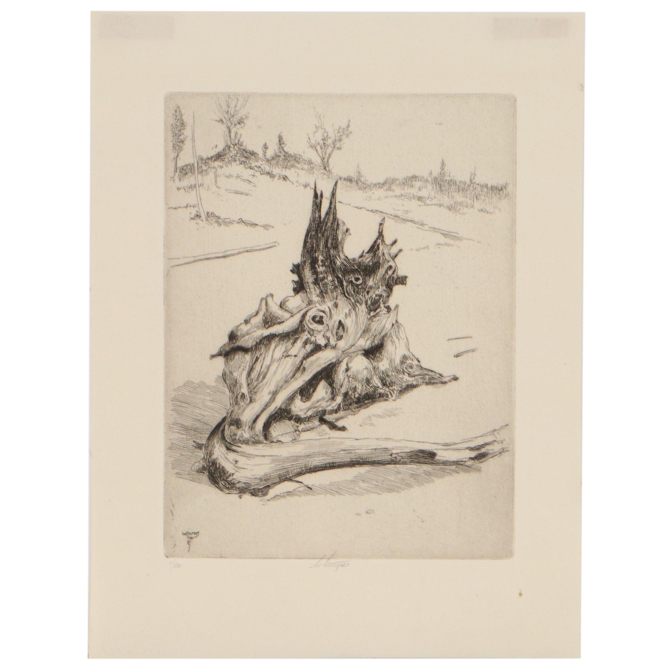 Lee Sturges Landscape Etching "Driftwood," 1941