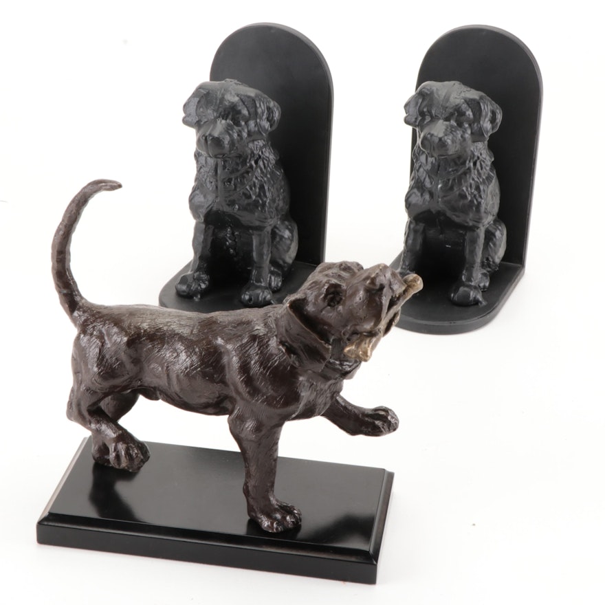 Cast Iron Dog Bookends and Cast Bronze Hound Dog With Brass Bone Figurine