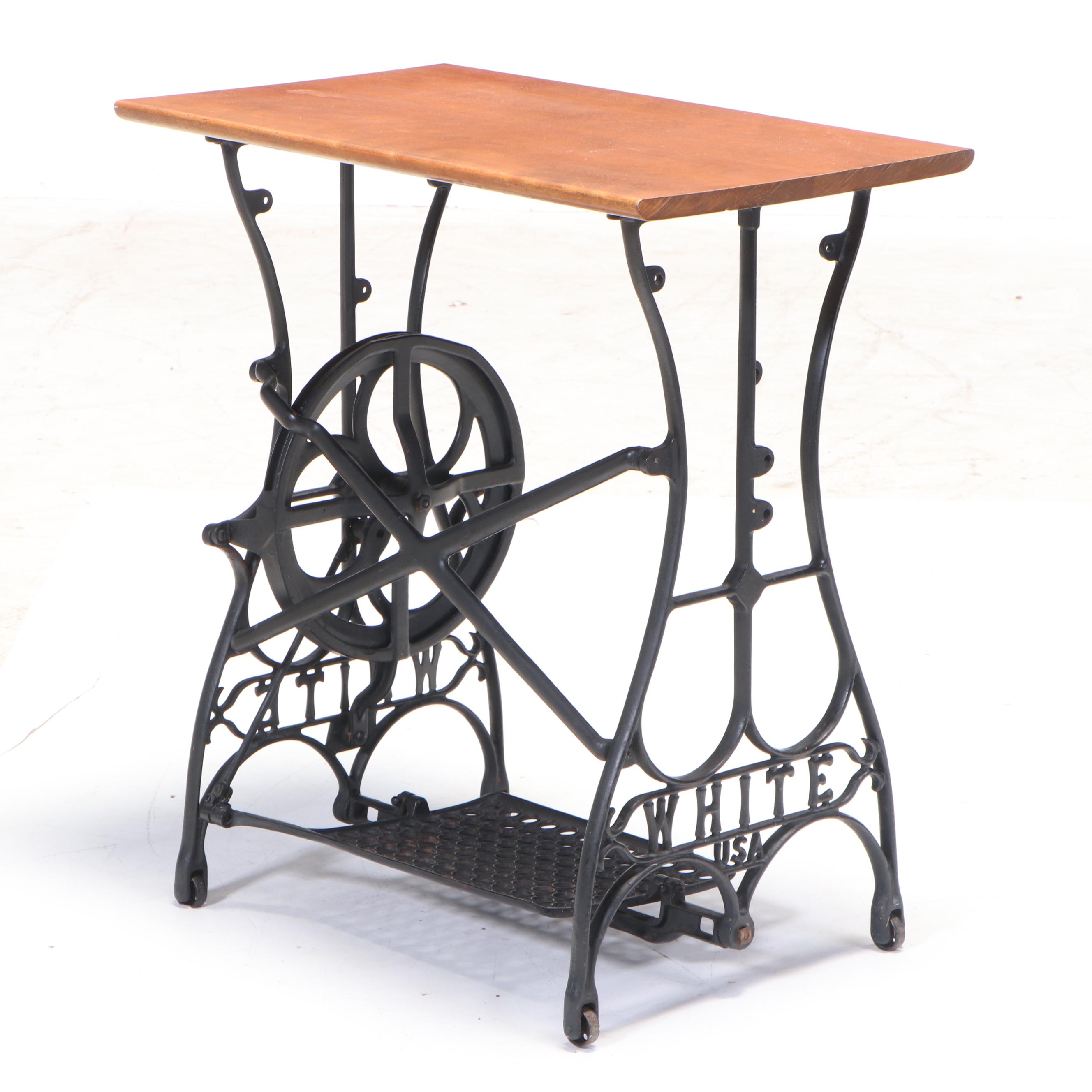 White Sewing Machine Co. Cast Iron and Maple Treadle-Base Side Table, Adapted