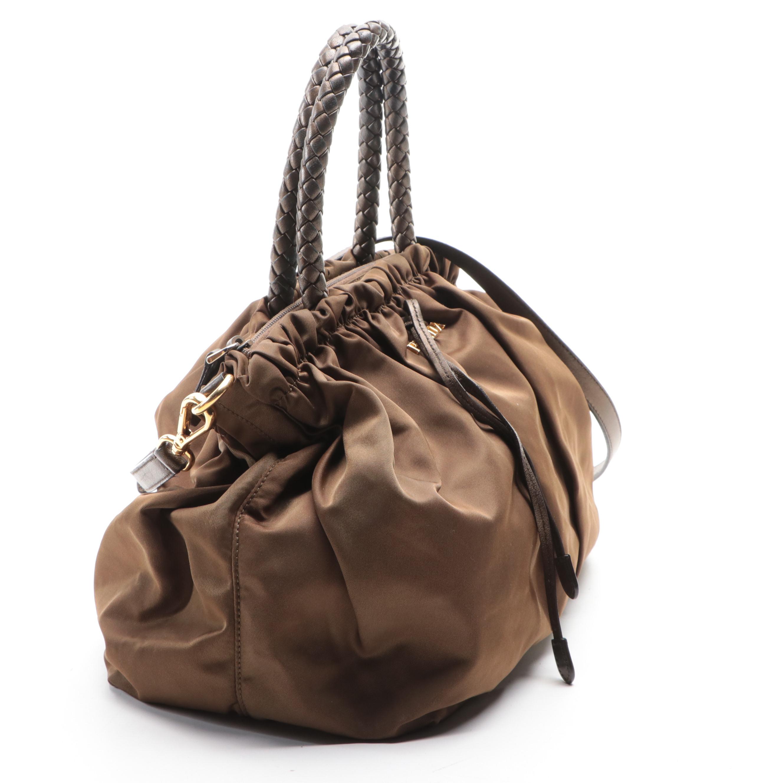 Prada Two-Way Tote in Gathered Tessuto Nylon with Woven Leather Handles