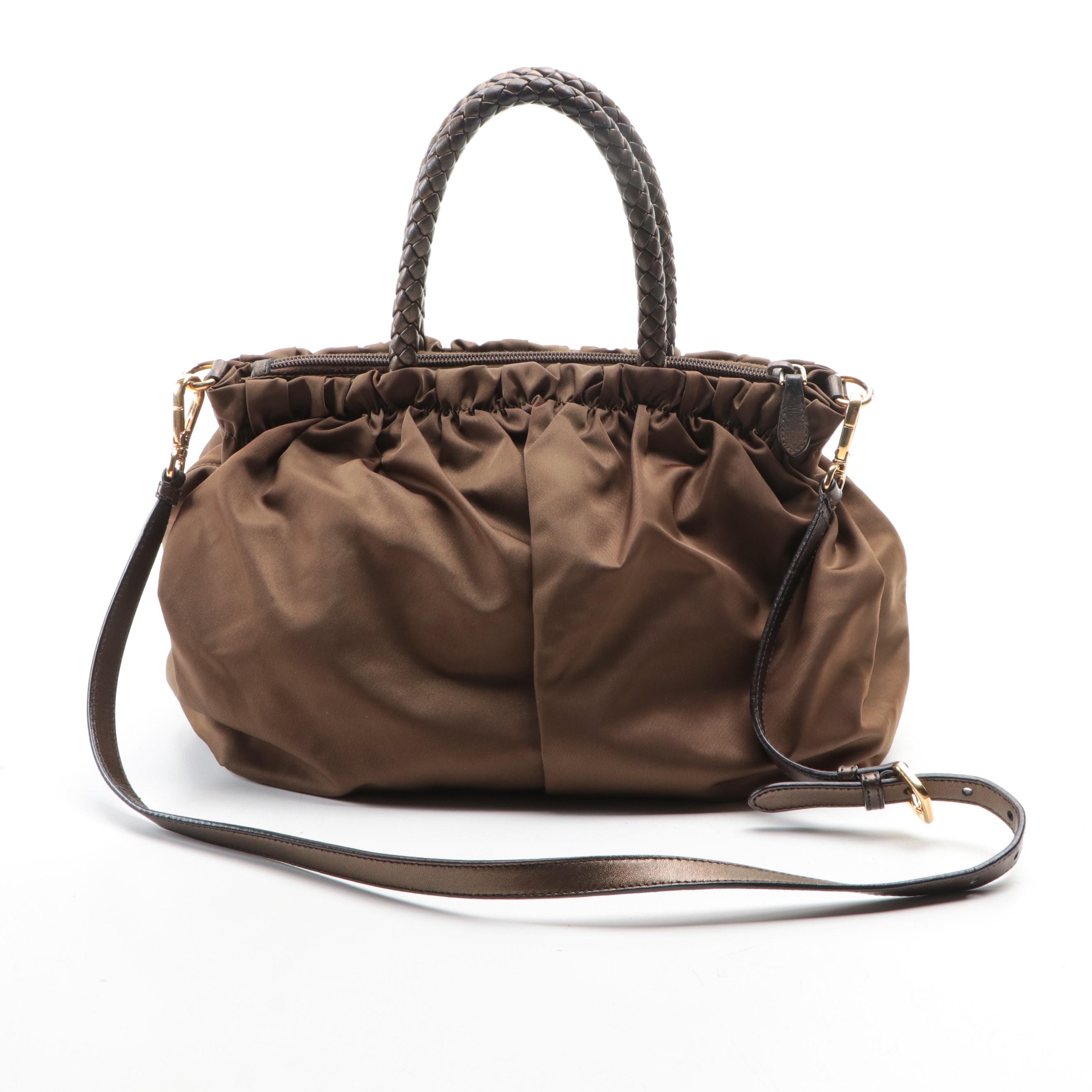 Prada Two-Way Tote in Gathered Tessuto Nylon with Woven Leather Handles