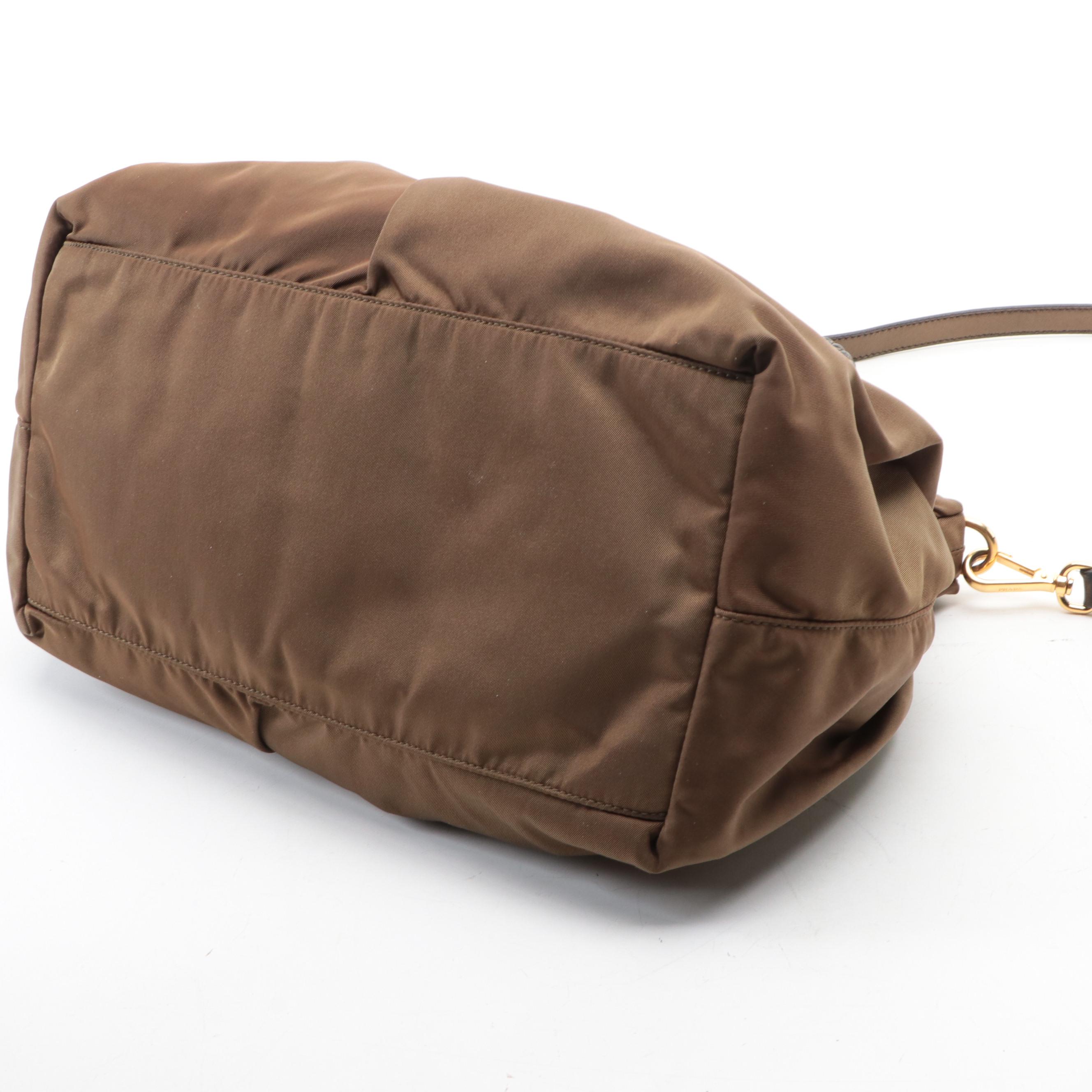 Prada Two-Way Tote in Gathered Tessuto Nylon with Woven Leather Handles