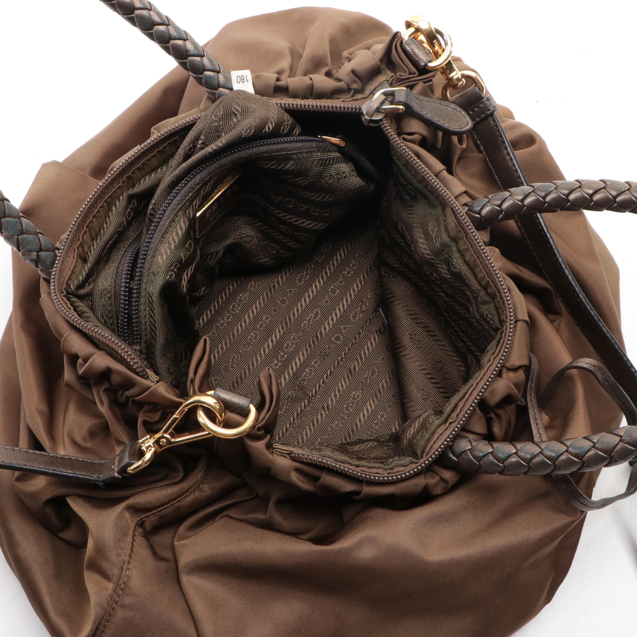 Prada Two-Way Tote in Gathered Tessuto Nylon with Woven Leather Handles