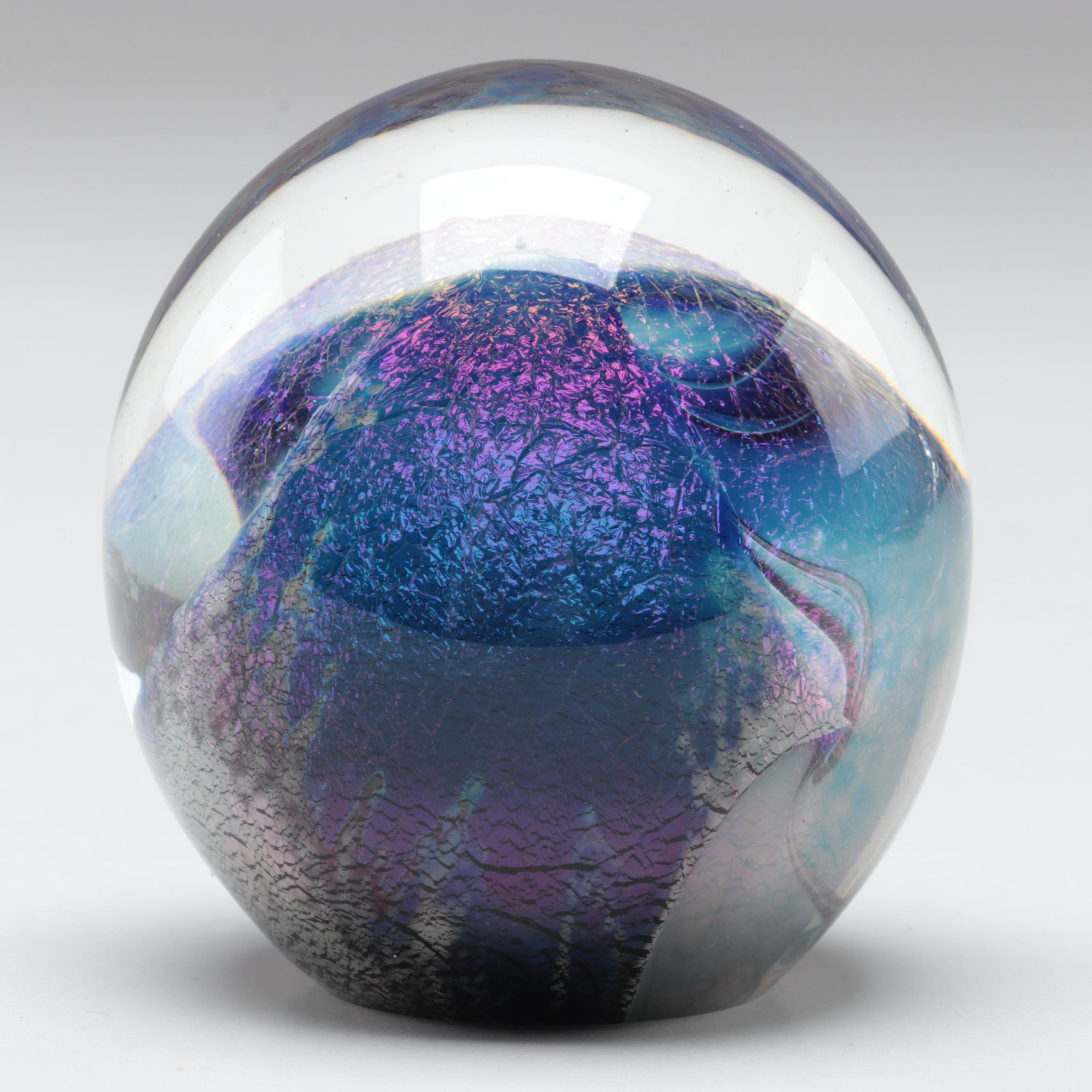 Robert Eickholt Hand Blown Art Glass Paperweight and Other Iridescent Pyramid
