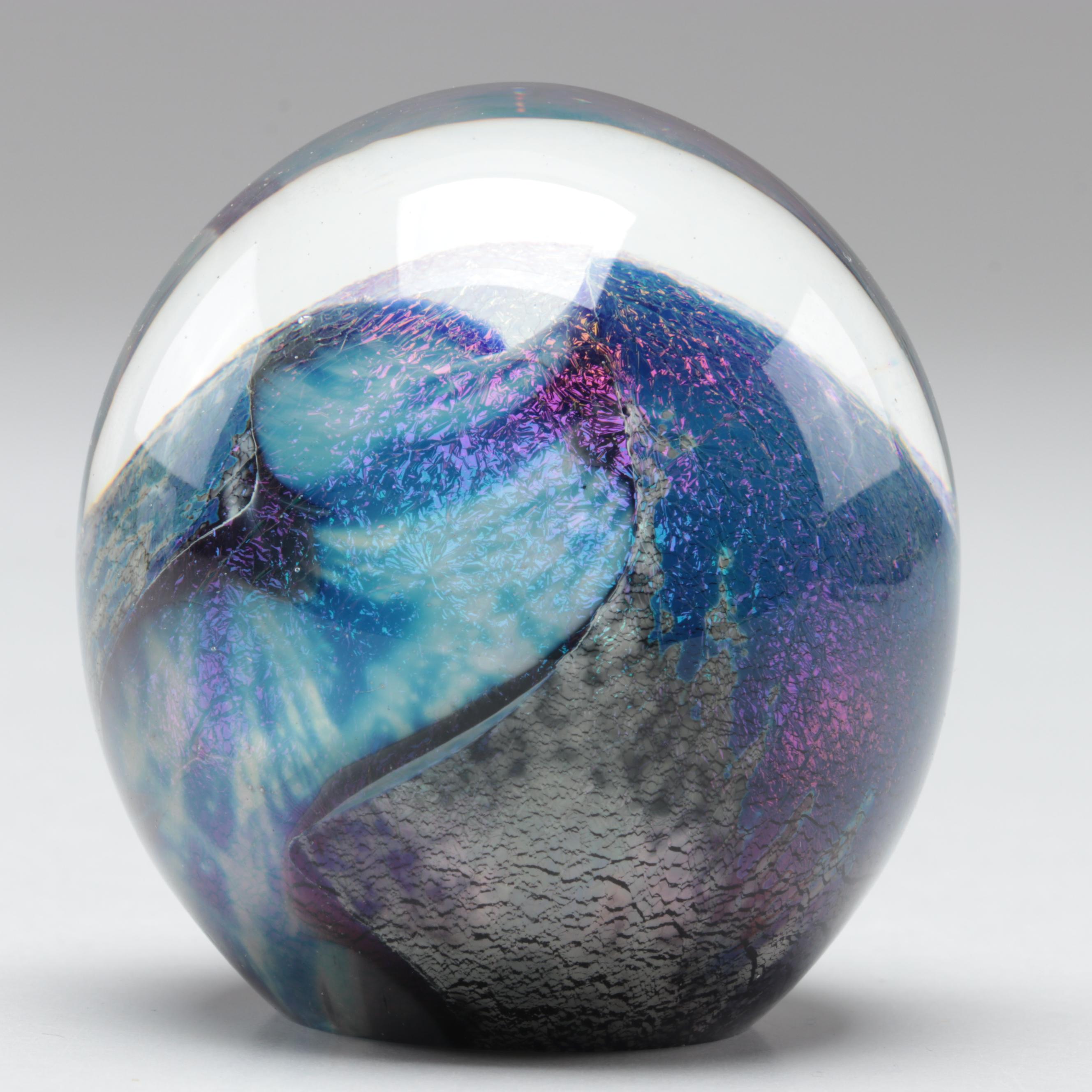 Robert Eickholt Hand Blown Art Glass Paperweight and Other Iridescent Pyramid