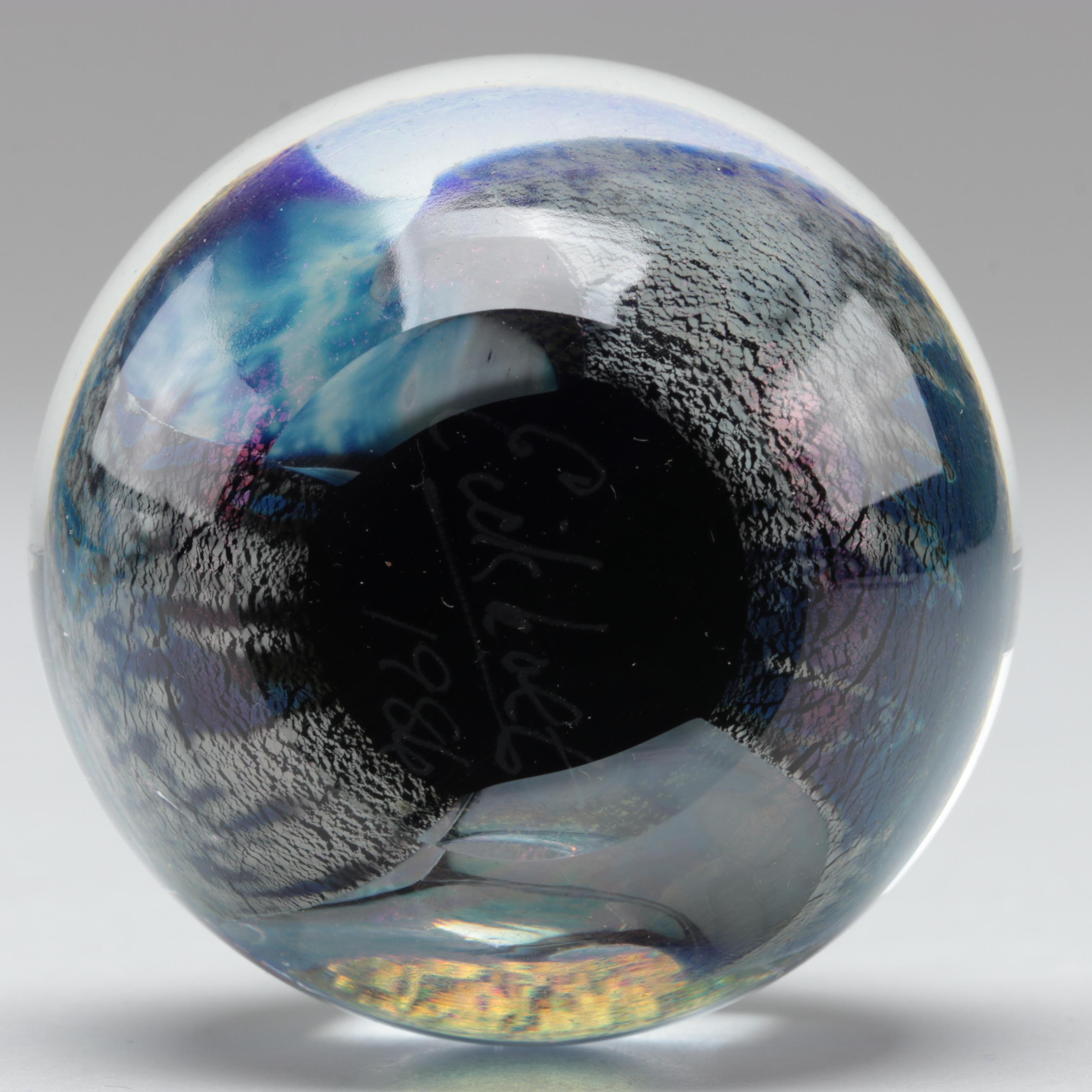 Robert Eickholt Hand Blown Art Glass Paperweight and Other Iridescent Pyramid