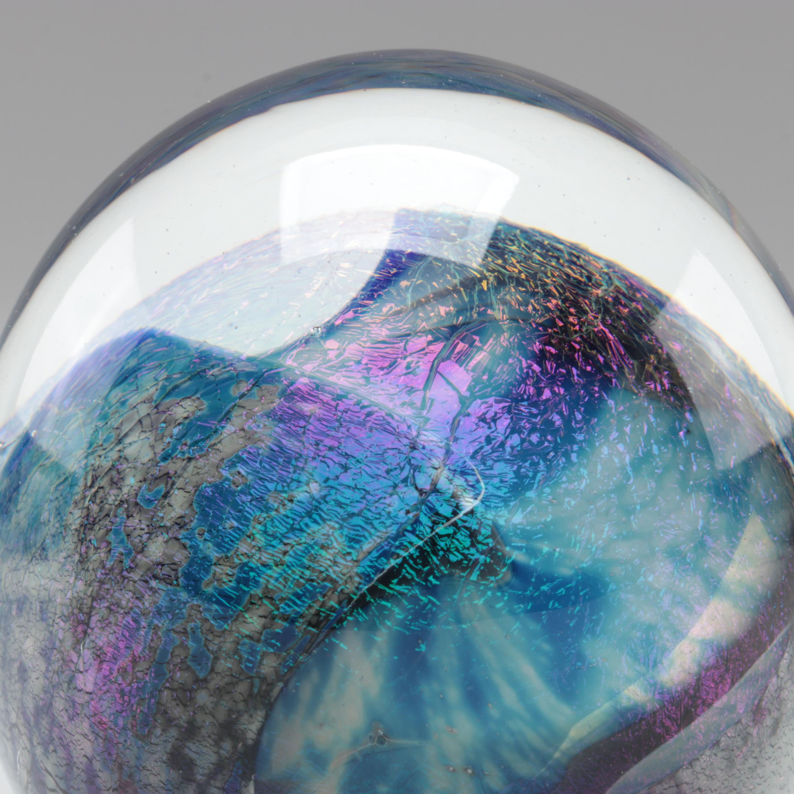 Robert Eickholt Hand Blown Art Glass Paperweight and Other Iridescent Pyramid
