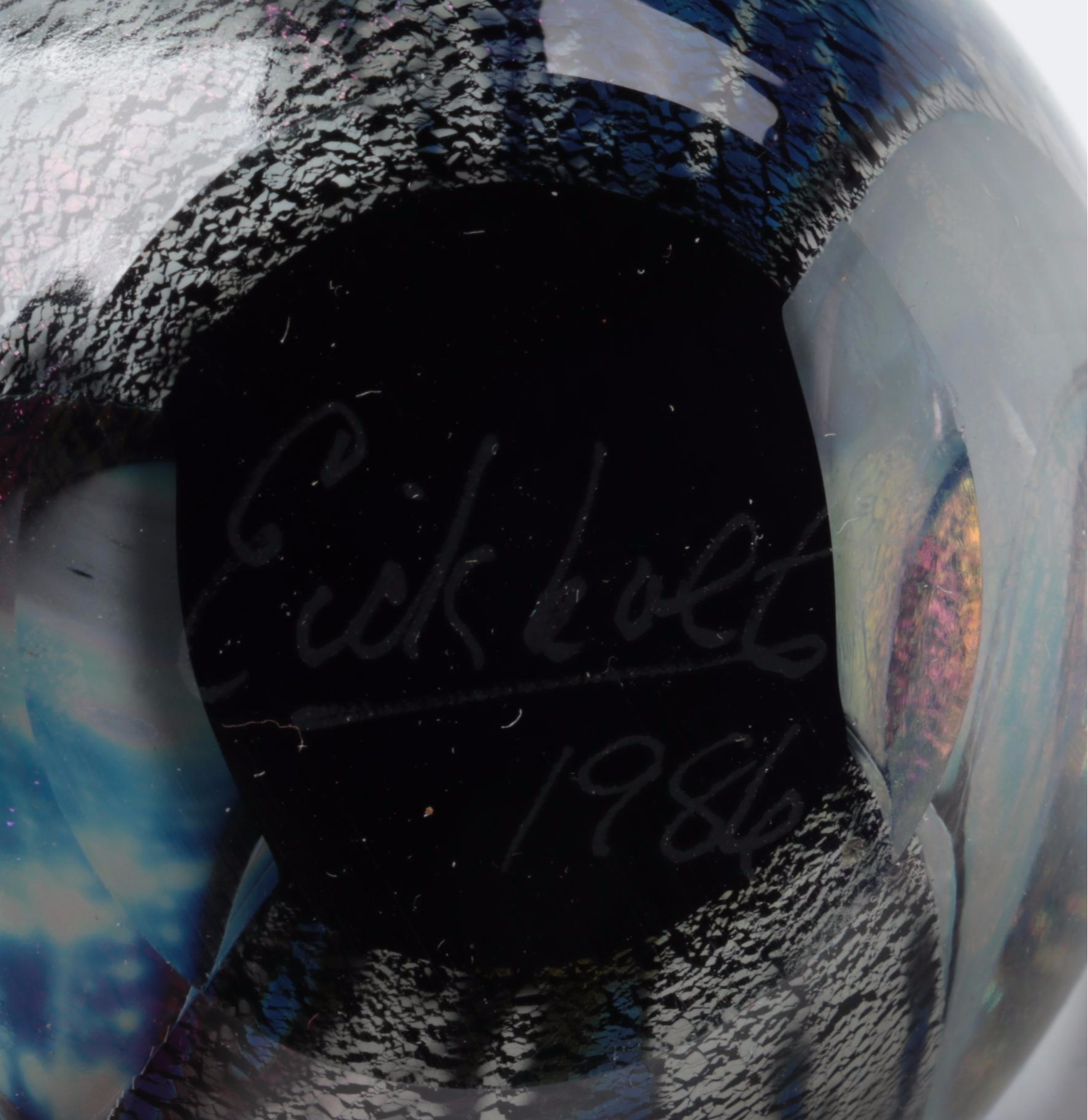 Robert Eickholt Hand Blown Art Glass Paperweight and Other Iridescent Pyramid