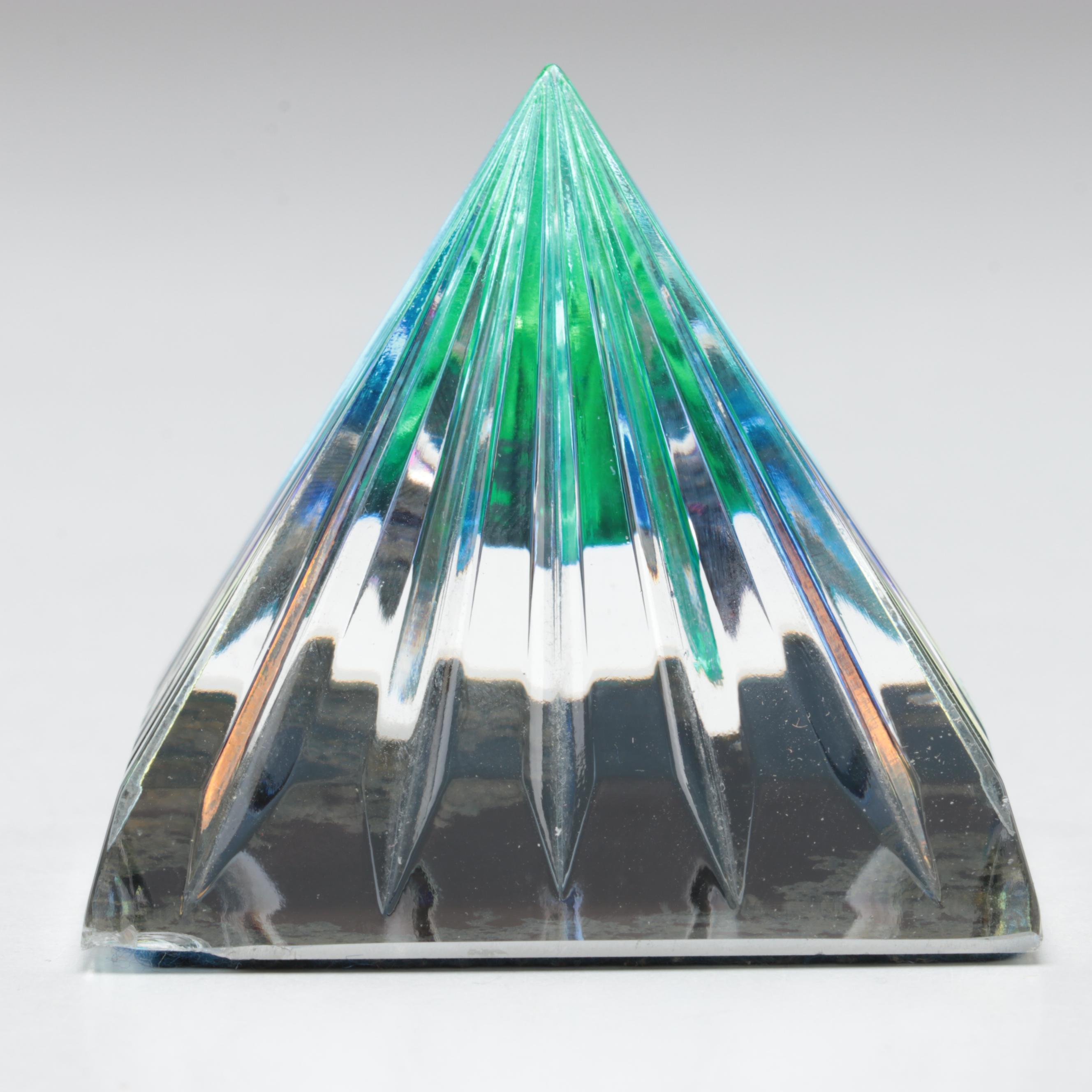 Robert Eickholt Hand Blown Art Glass Paperweight and Other Iridescent Pyramid
