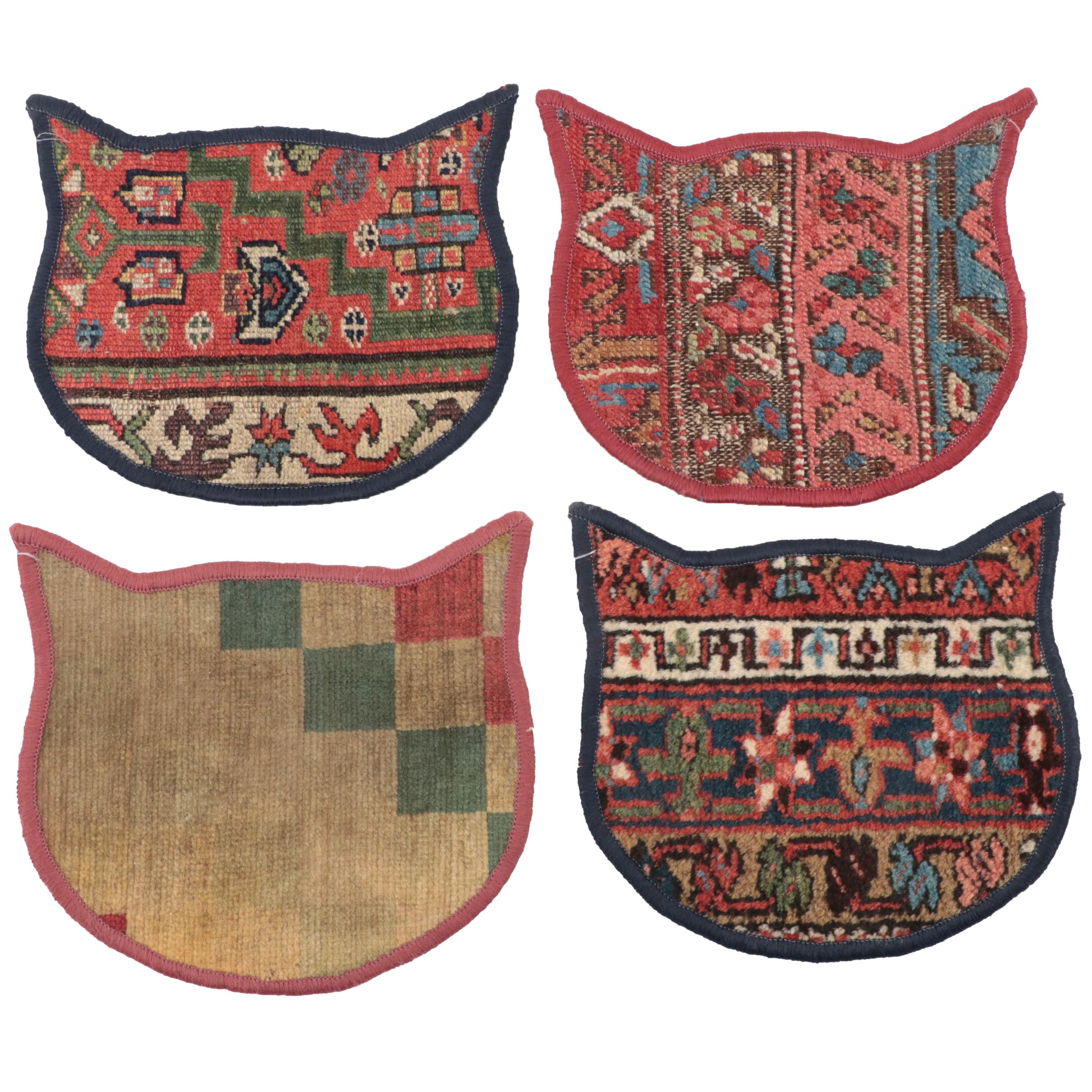 Cat Head Silhouette Repurposed Hand-Knotted Rug Remnant Floor Mats