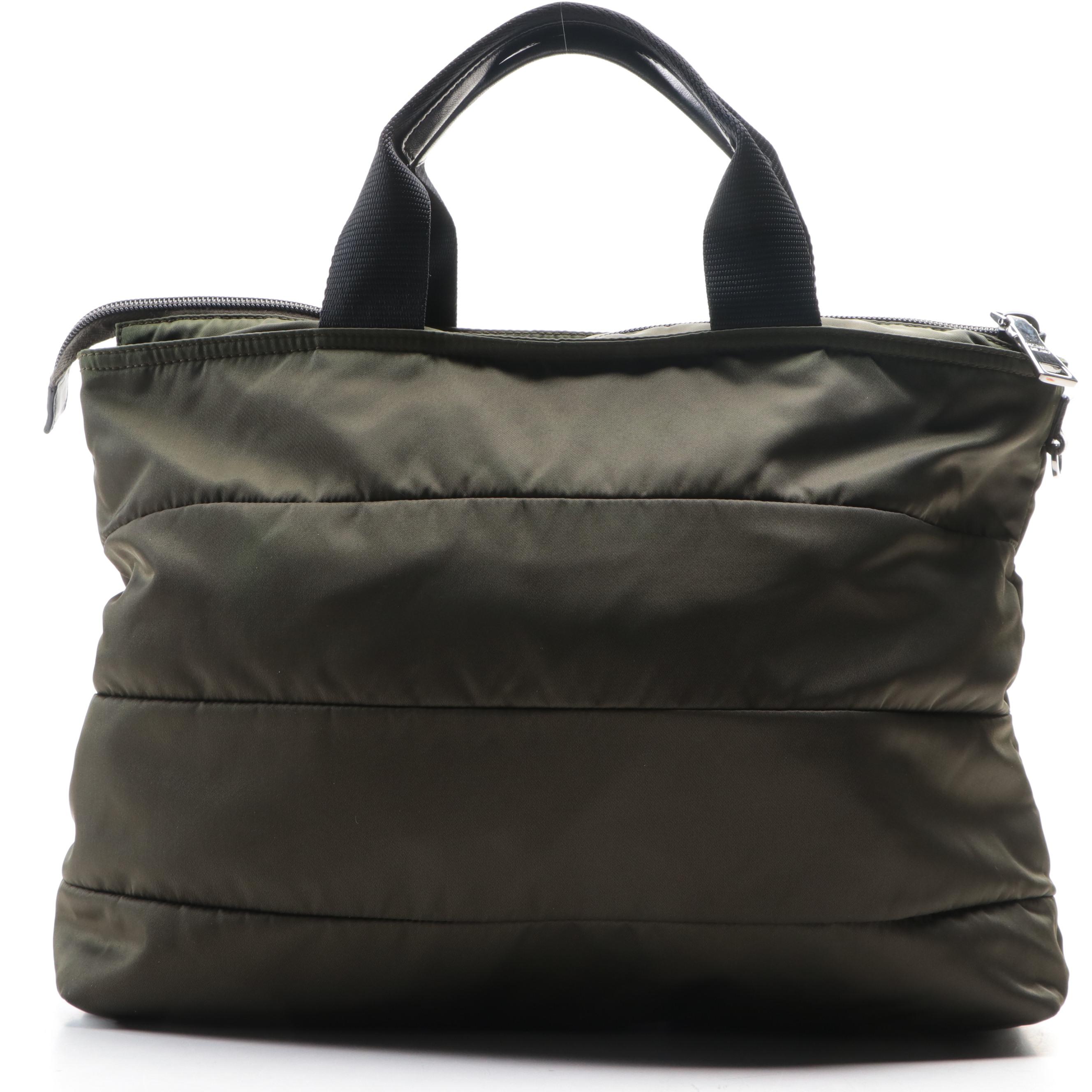 Prada Tote with Detachable Strap in Green Nylon Twill and Black Leather