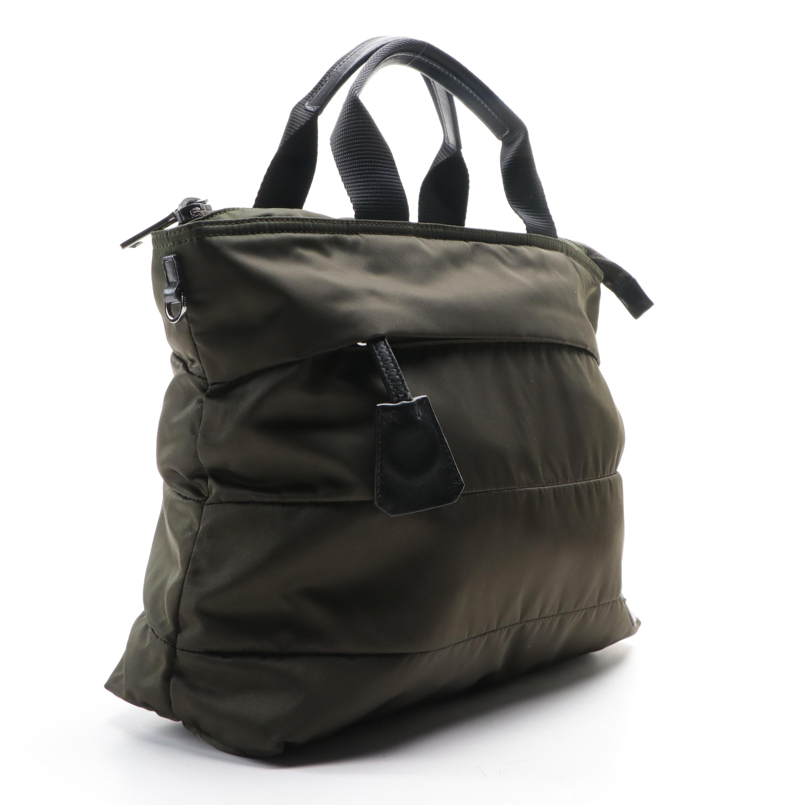 Prada Tote with Detachable Strap in Green Nylon Twill and Black Leather