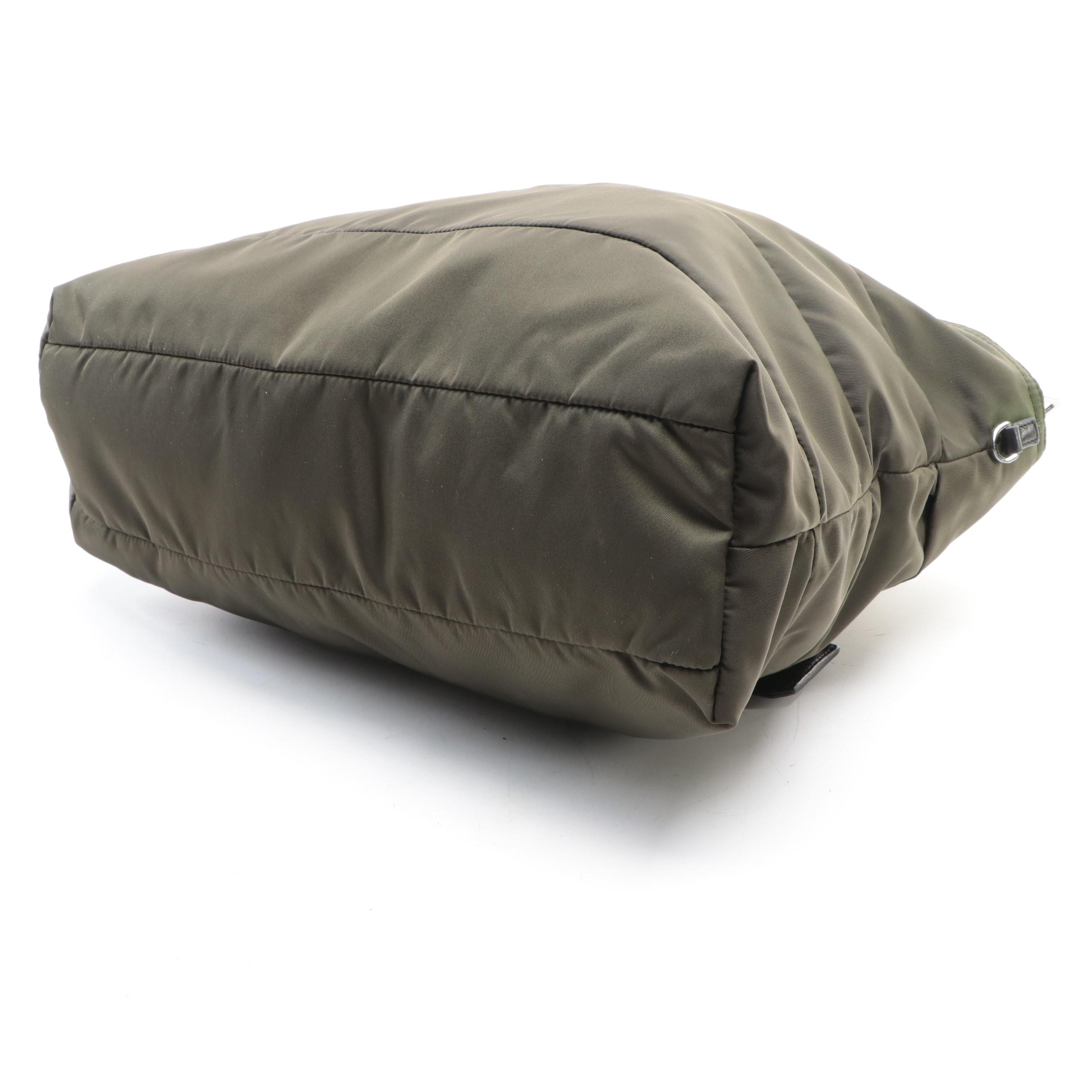 Prada Tote with Detachable Strap in Green Nylon Twill and Black Leather