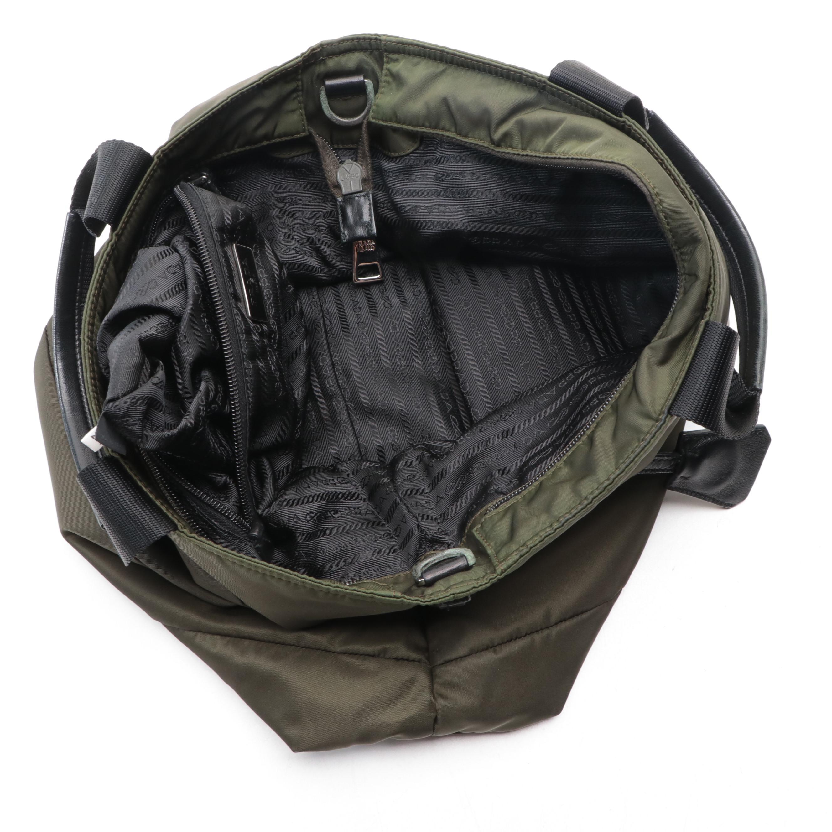 Prada Tote with Detachable Strap in Green Nylon Twill and Black Leather