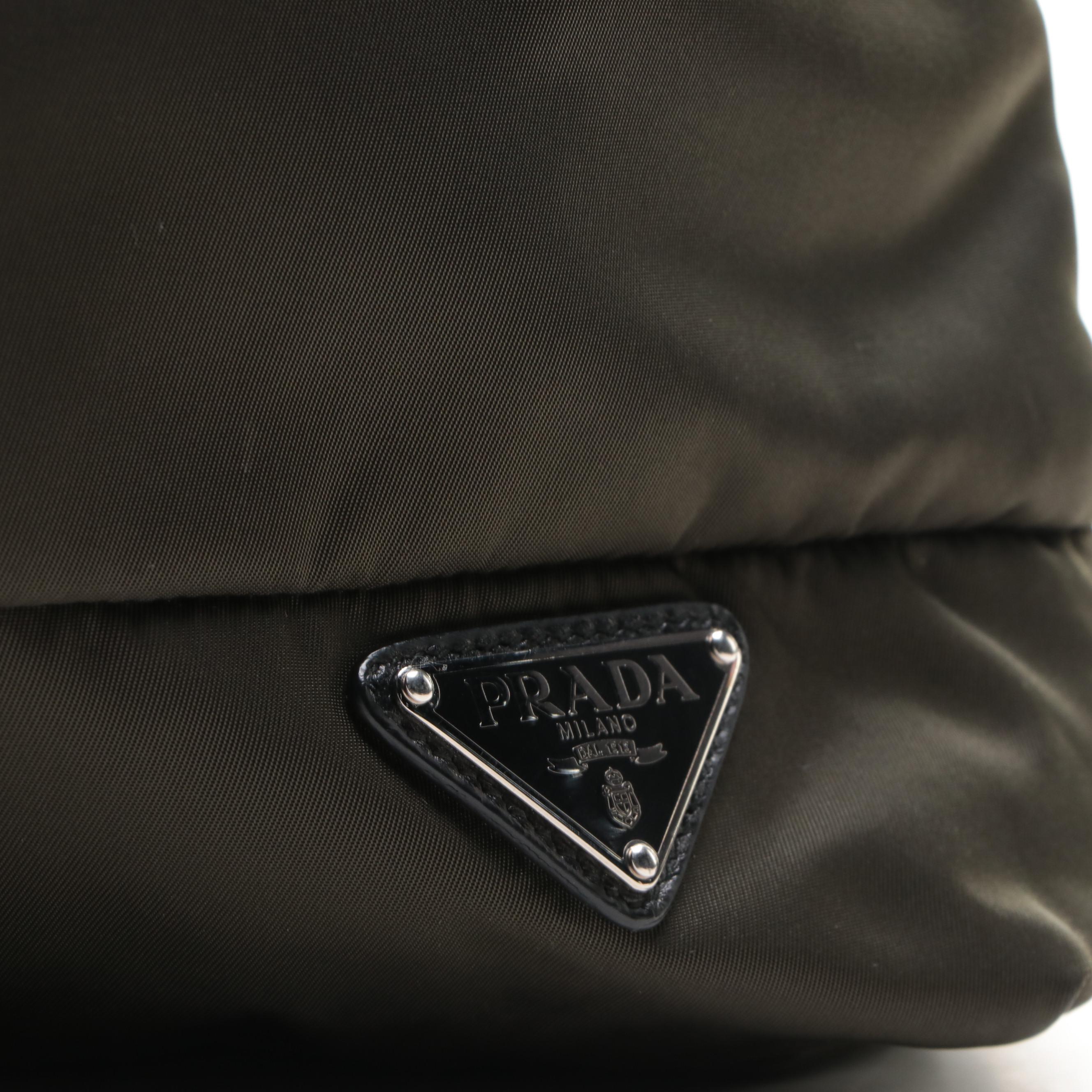 Prada Tote with Detachable Strap in Green Nylon Twill and Black Leather