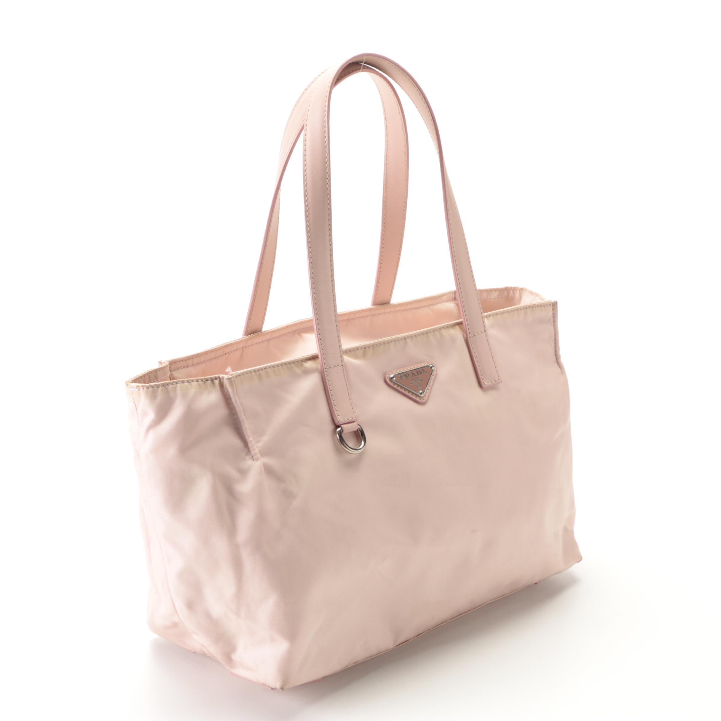 Prada Small Shoulder Tote in Pink Tessuto Nylon and Saffiano Leather Trim