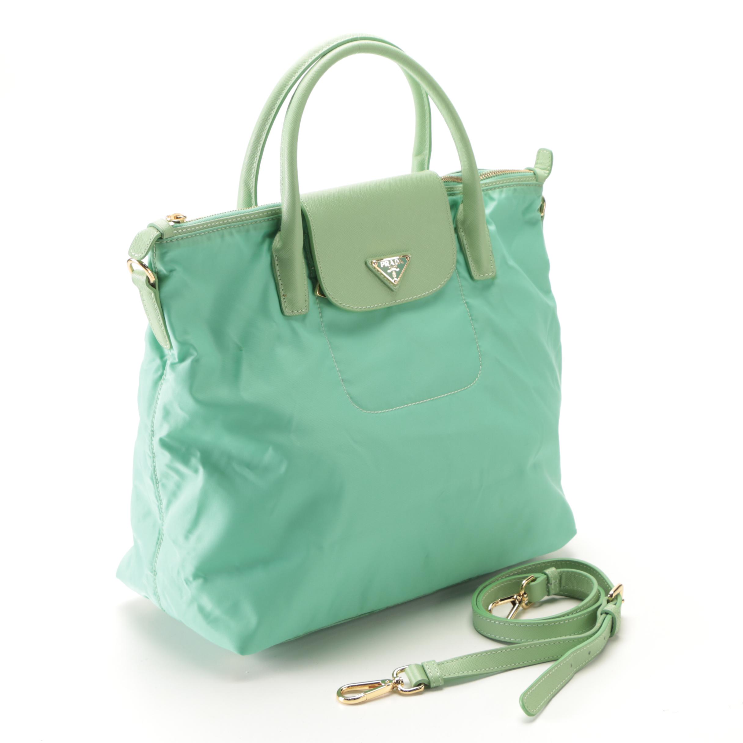 Prada Satchel Bag in Tessuto Nylon and Saffiano Leather Trim with Strap