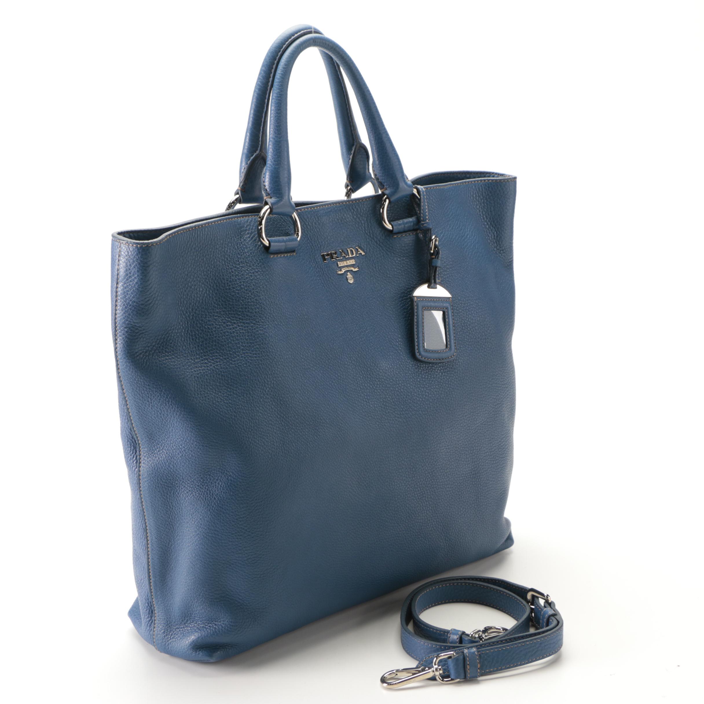 Prada Large Two-Way Tote in Blue Vitello Daino Leather